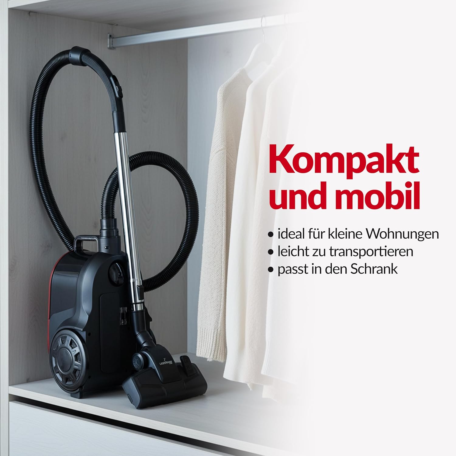 LEHMANN Cyclone Beutelloser Staubsauger, leistungsstark, doppelter HEPA-Filter für Allergiker, 2,5 L Staubbehälter, kompakt, Bodenstaubsauger für Teppich & Hartböden, inklusive Aufsatzset, schwarz/rot – Bild 7
