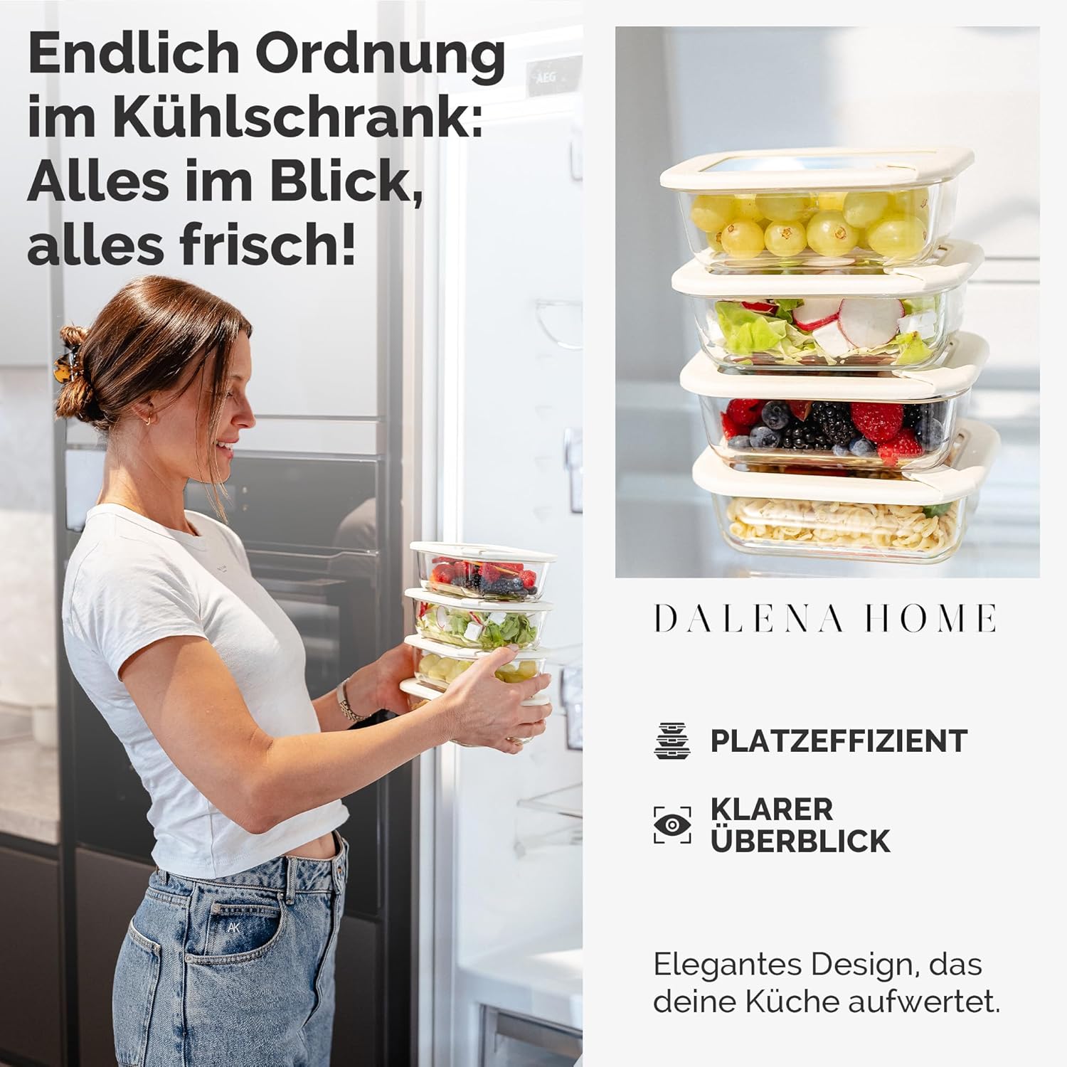 Frischhaltedosen-Set, 4 x 640 ml – Borosilikatglas, Glasbehälter, luftdicht und mikrowellengeeignet, Essenszubereitung, Kühlschrank-Organizer, Aufbewahrungsküche – Bild 6