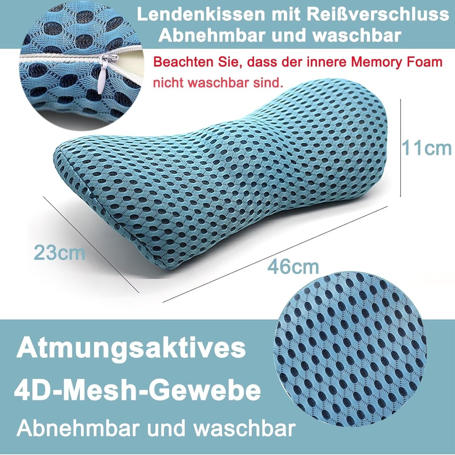 Lendenkissen, Ergonomisches Rückenkissen, Memory Foam Lendenkissen Auto, Komfort Rückenstützkissen zur Druckentlastung, Rückenkissen für Bett/Stuhl/Autositz/Bürostuhl (Blau) – Bild 2