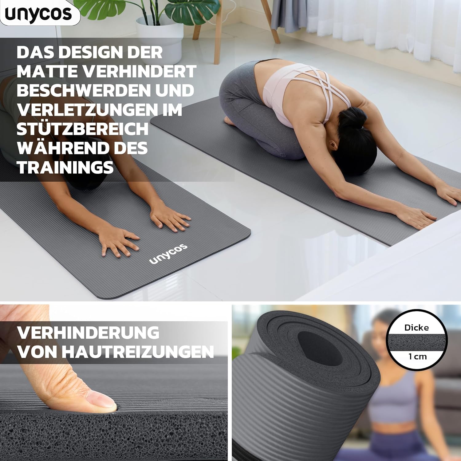 unycos - Yogamatte rutschfest | Hohe Dichte 6/10/15 mm, Gymnastikmatte mit Tragegurt und Schultergurt. 【Inklusive E-Book】 Hautfreundliche Fitnessmatte für Pilates, Trainingsmatte, Fitnessstudio – Bild 5