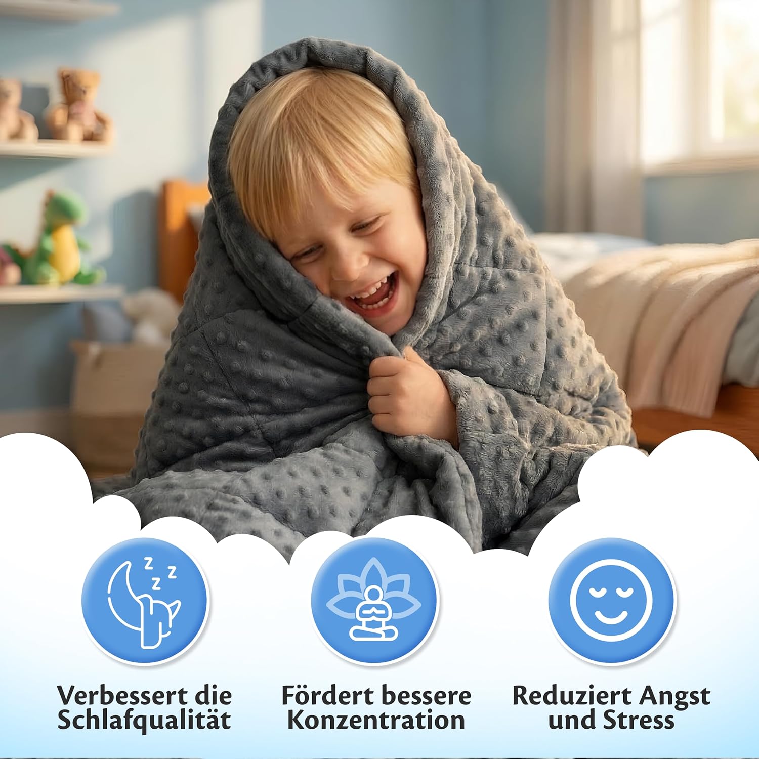 Ella Gewichtsdecke für Kinder, 3,2 kg, 100 x 150 cm – Therapiedecke zum Stressabbau und Angstzuständen, hypoallergene Glasperlen, weiche und kühlende Außenschicht aus Baumwolle für Kinder von 25–40 kg – graues Minky – Bild 3