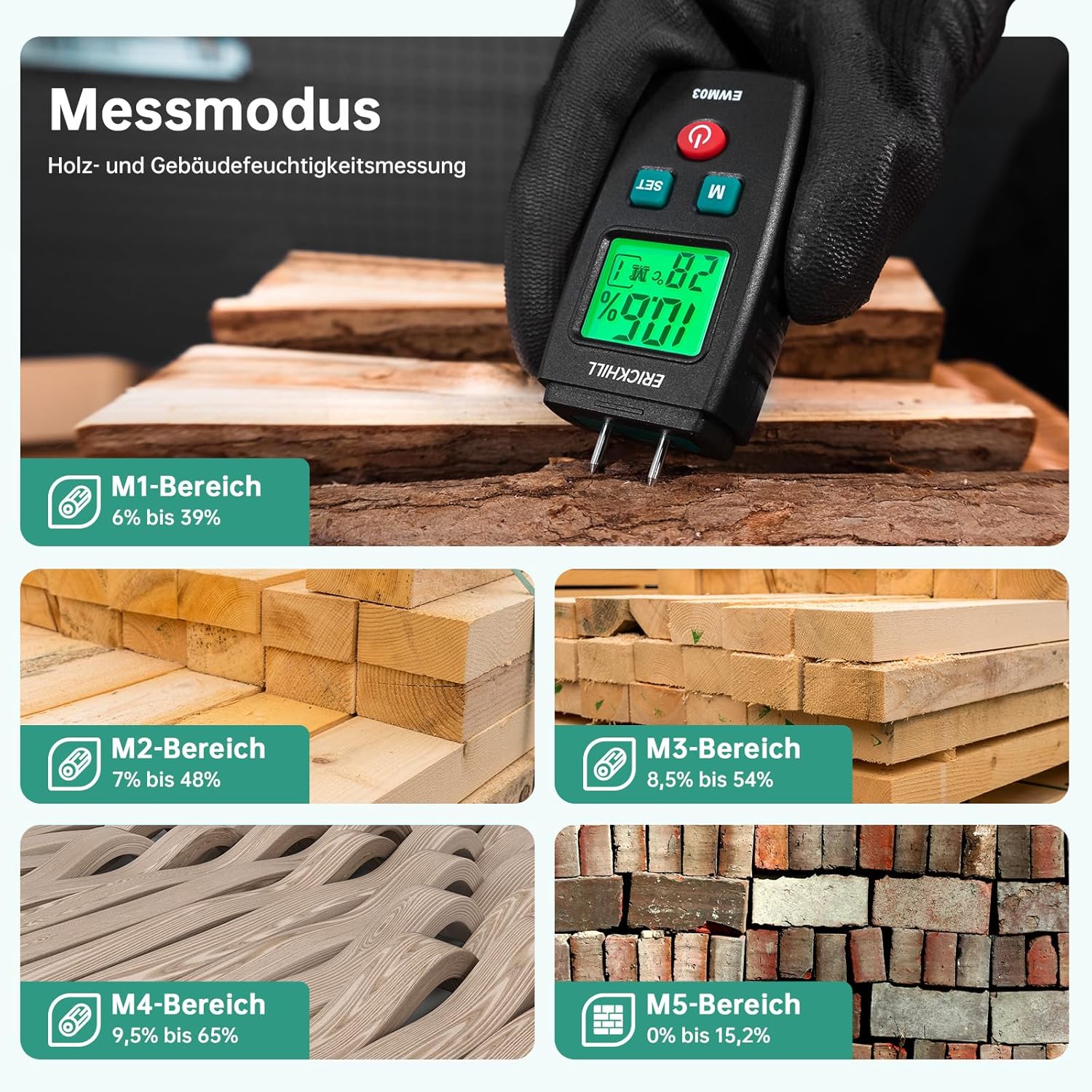 Feuchtigkeitsmesser, ERICKHILL EWM03 Stifttyp Holzfeuchtemesser mit 5 Modi, LCD-Display mit grüner Hintergrundbeleuchtung, Holz- und Baumaterial-Schimmeldetektor – Bild 2