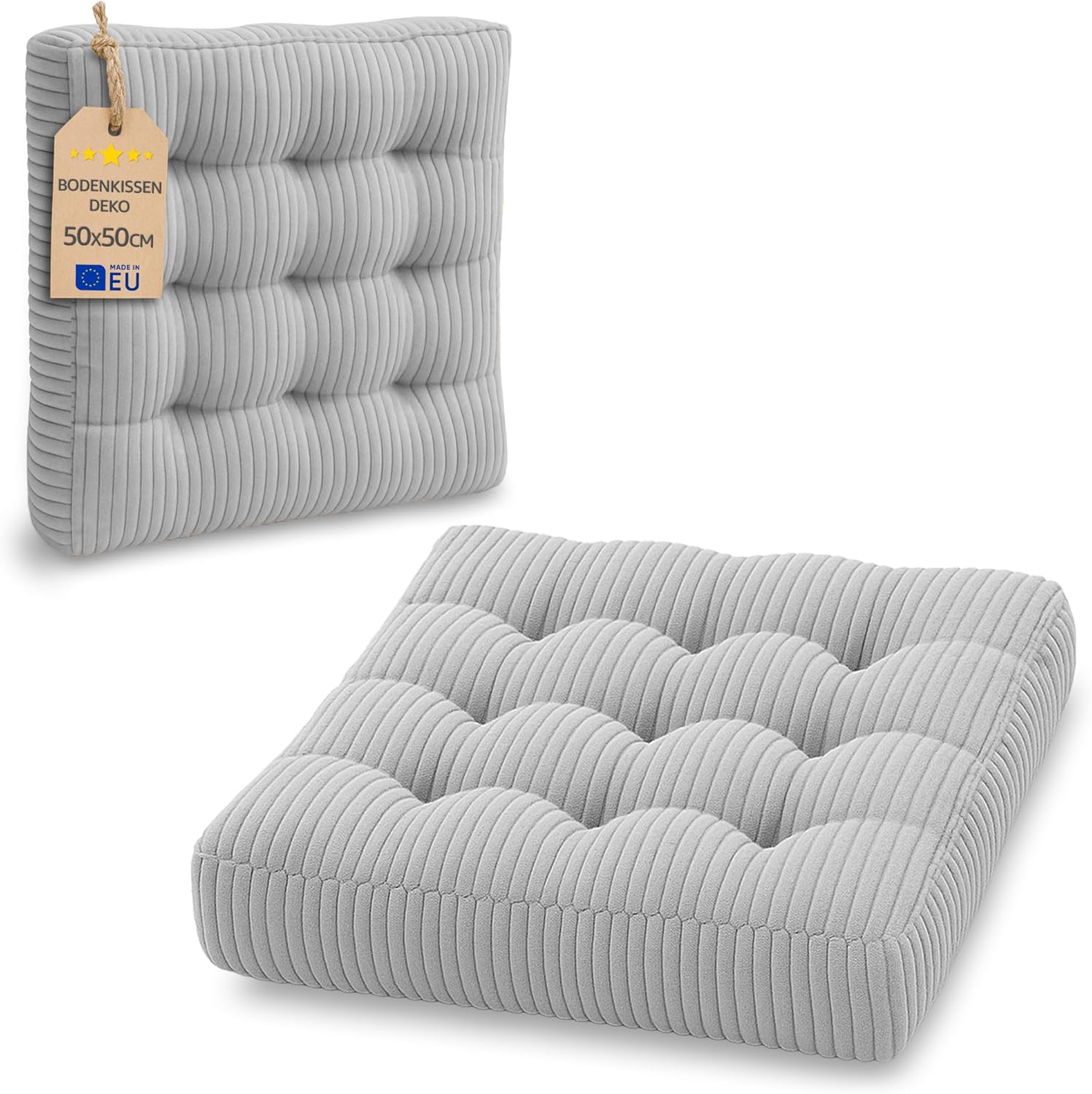 Amazinggirl Sitzkissen Stuhlkissen quadratisch 50 cm – Cord-Stoffkissen, Sitzkissen, Sitzkissen für Stuhl, Bürostuhl, Bank, Eckbank, Bodenkissen, weiches Sitzkissen, flauschige Kordel, hellgrau