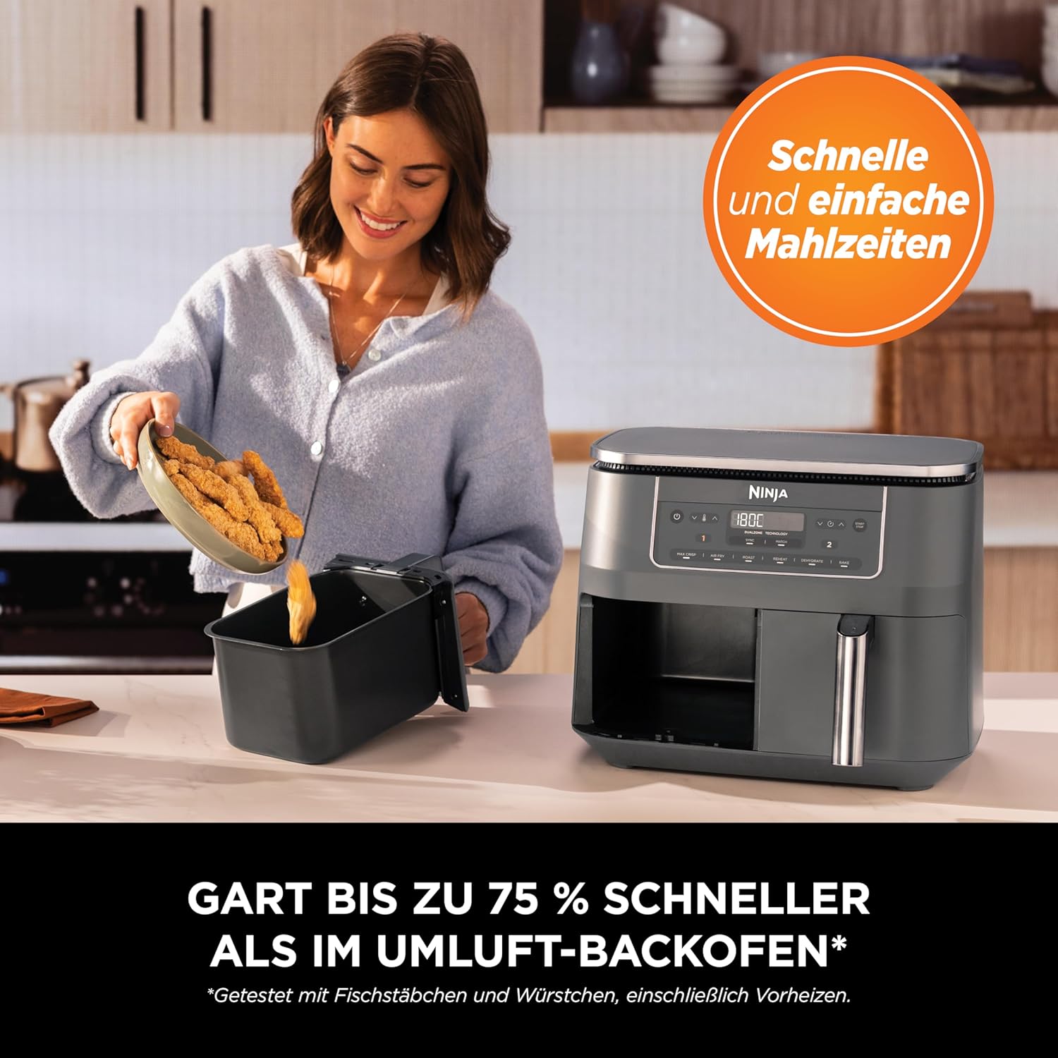 Digitale Heißluftfritteuse mit zwei Zonen von Ninja, 2 Schubladen, 6-in-1, ölfreie Heißluftfritteuse, 7,6 l, Heißluftfritteuse, maximale Knusprigkeit, Braten, Backen, Aufwärmen, spülmaschinenfeste Körbe, Metallic-Grau DZ300EU – Bild 6