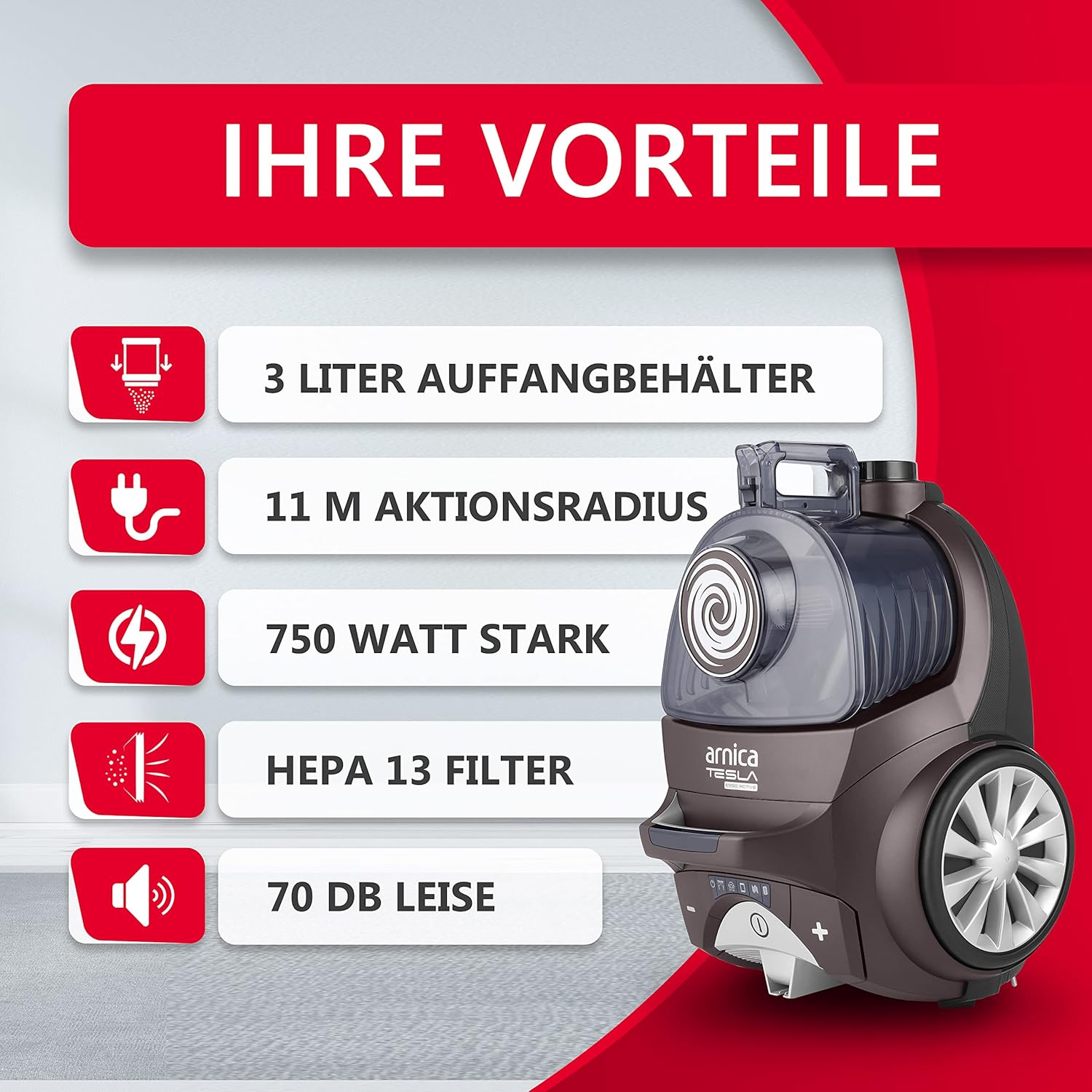 arnica - Beutelloser Staubsauger 750 Watt I 70 dB I 5 Düsen ideal für Tierhaare I 3 Liter I HEPA 13 Filter für Allergiker I Beutelloser Staubsauger klein I Staubsauger I Staubsauger I Staubsauger Tierhaare Braun – Bild 3