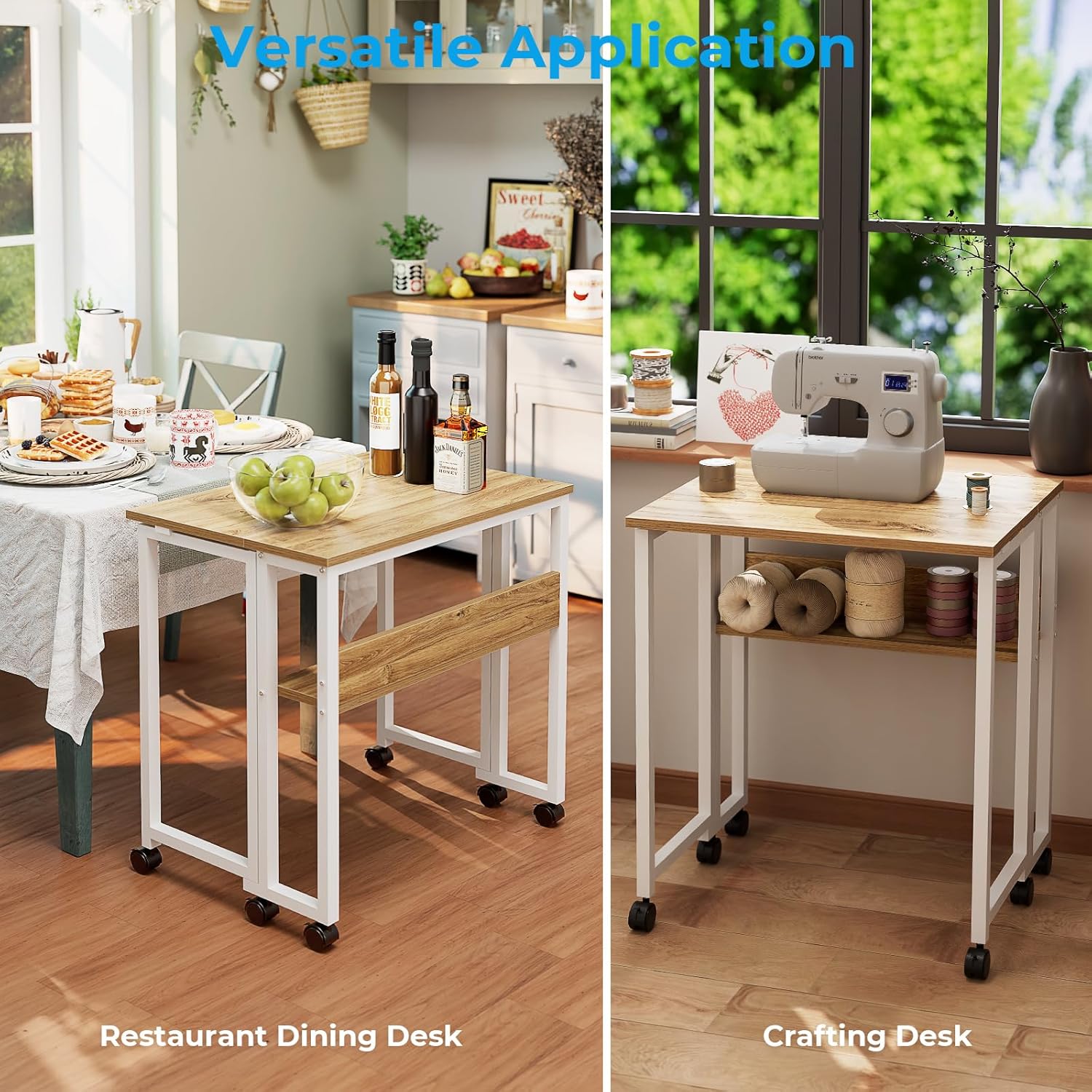 GreenForest Kleiner Klappschreibtisch, 63 cm Klappschreibtisch mit Rollen, einfache Montage, Klappschreibtisch mit Stauraum, Home-Office-Klapptisch, Beige – Bild 7