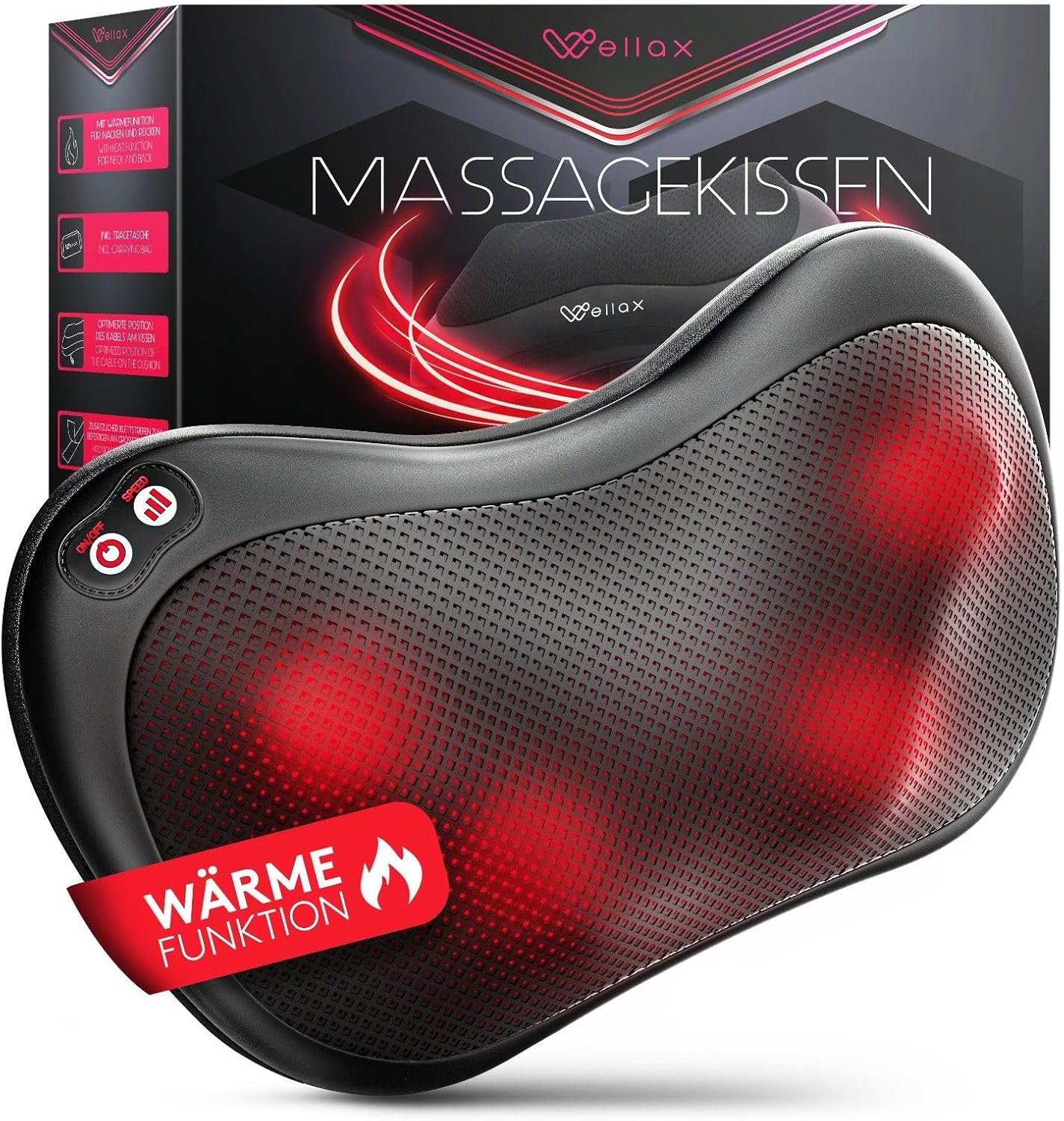 Wellax – Massagekissen mit Wärmefunktion und 360°-Drehung – Shiatsu-Nackenmassagegerät mit 3 Geschwindigkeiten für Schultern und Rücken – inklusive Verlängerungsgurt – Nackenmassagegerät, Schwarz