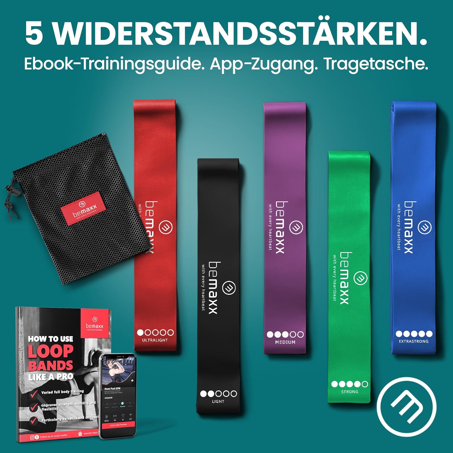 Fitnessband-Set, Latex-/Stoffschlaufen-Widerstandsbänder mit Trainings-eBook (Englisch nicht garantiert), Übungsband, Fitness-Sport-Workout, Krafttrainingsband, elastisches Trainingsband, Miniband, Crossfit, Yoga – Bild 2