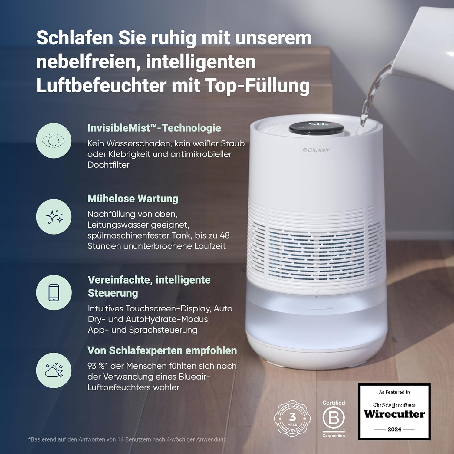 BLUEAIR Premium Smart Luftbefeuchter für Räume bis zu 46 m²: 3,5 l spülmaschinenfester Tank, besserer Schlaf dank Verdunstungstechnologie, Auto- und Nachtmodus – Bild 2