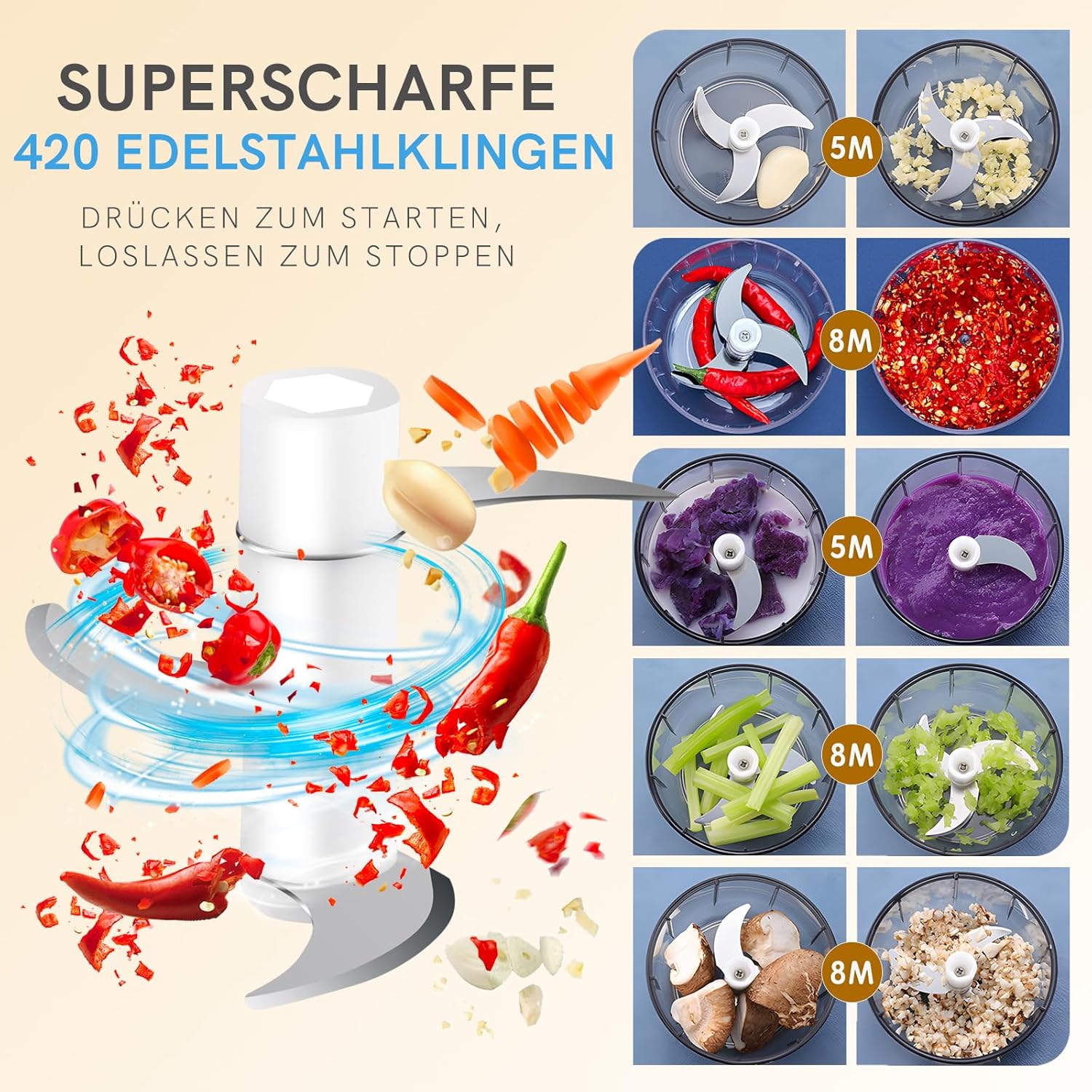 Elektrischer Mini-Zerkleinerer, 250 ml, kabellos wiederaufladbar über USB Typ C, Klinge aus Edelstahl 304, lebensmittelechtes Material, tragbarer Küchenhelfer für Obst, Gemüse, Knoblauch, Babybrei, Camping – Bild 6