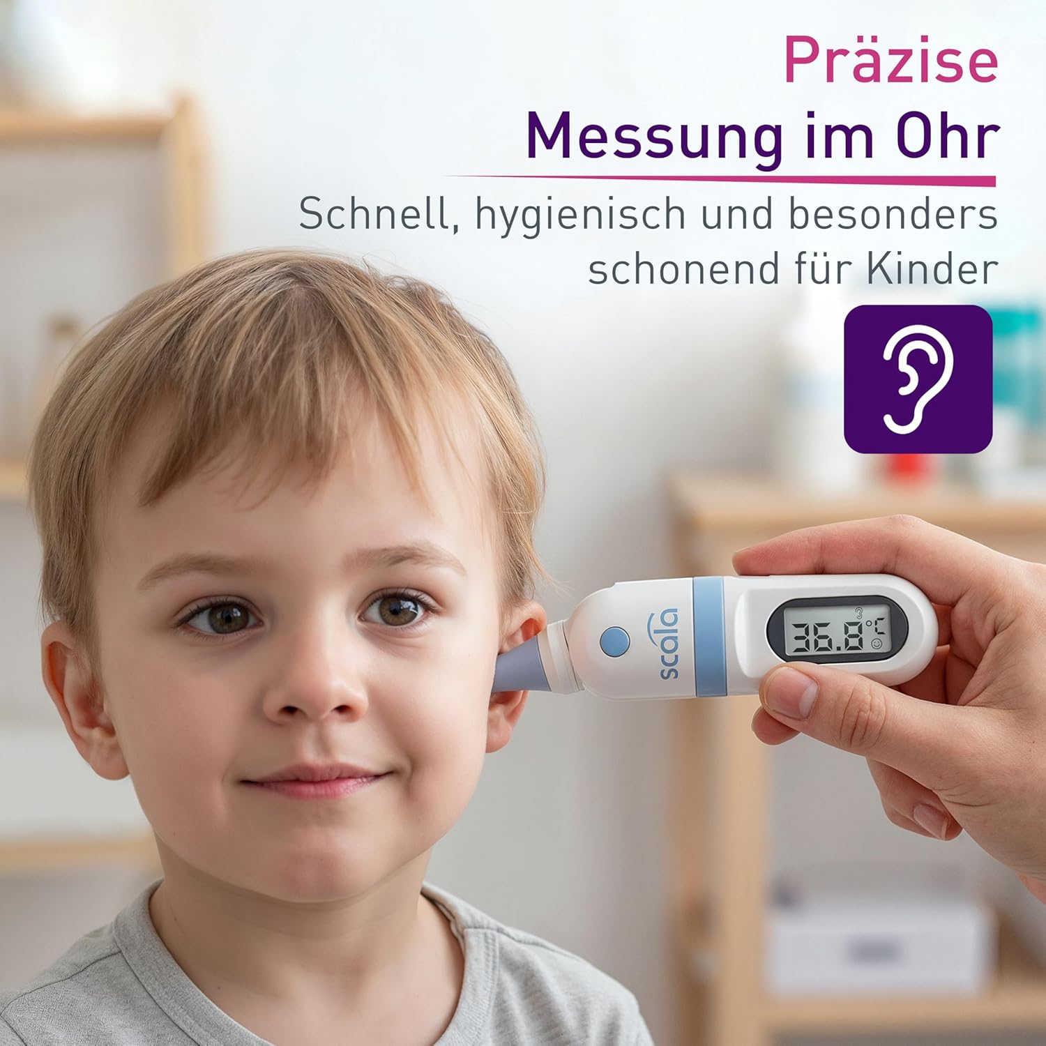 scala SC 8178 Infrarot-Ohrthermometer – Digitales Fieberthermometer für Kinder & Erwachsene – 1 Sekunde Messzeit, akustischer Fieberalarm & Speicher für 9 Messwerte – Bild 2