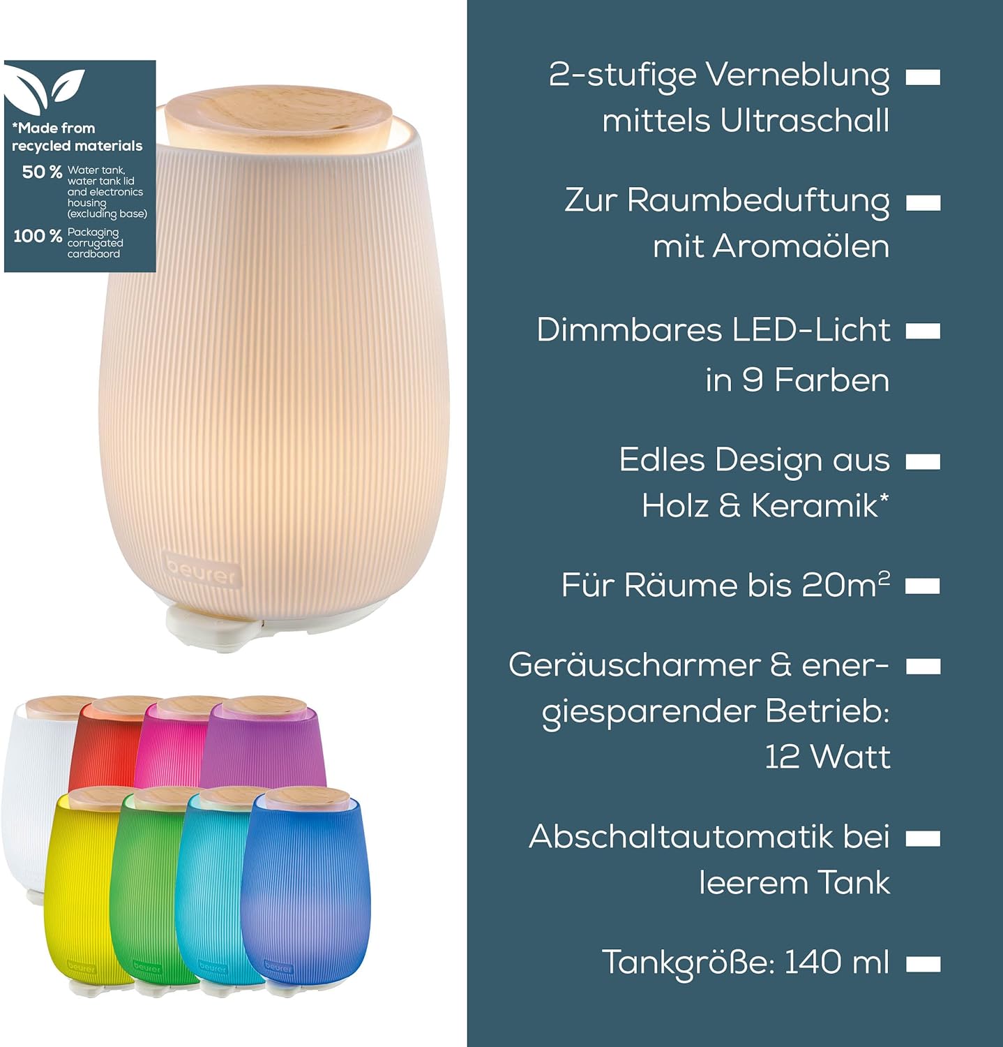 Beurer LA 45 Aromadiffusor für ätherische Öle, 2-stufiger Ultraschallvernebler für Aromatherapie, Stimmungslicht in 9 Farben, Keramikgehäuse & Holzdeckel, mit Timer und automatischer Abschaltung, bis zu 20 m² – Bild 7