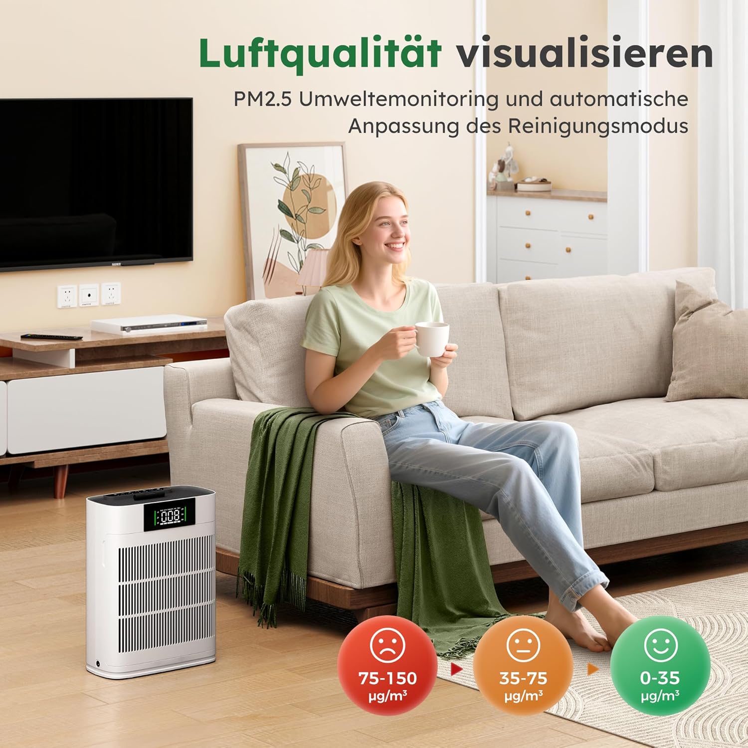 Luftreiniger mit HEPA-Luftfilter und Aktivkohlefilter, vierstufiges Filtersystem gegen Schimmel, Staub und Tierhaare bis 0,3 µm, CADR 220 m³/h für Räume bis 60 m², AP001 – Bild 5