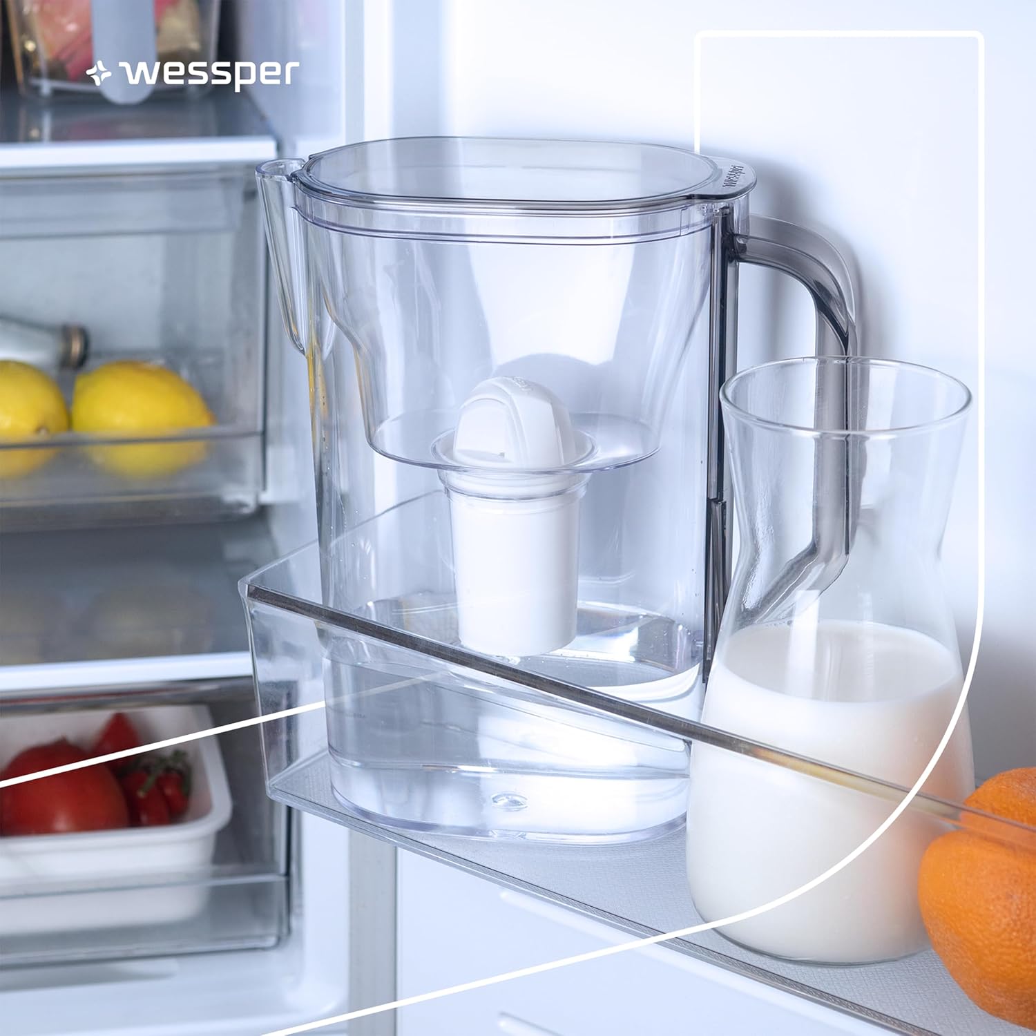 Wessper Wasserfilterkanne mit Filterkartusche 2,7 Liter, passt durch die Kühlschranktür, BPA-frei, Wasserkaraffe mit Filter, kompatibel mit Brita Classic Filtern, Schwarz – Bild 8
