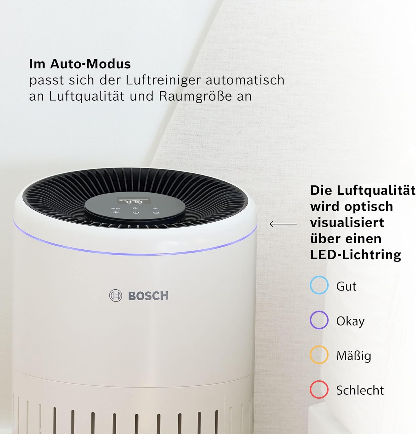 Bosch Air 4000 Luftreiniger – Für Räume bis 62,5 m² – Entfernt effizient Schadstoffe – Mit 3-in-1-Luftfilter, Smart Sensor, Automatikmodus, Schlafmodus (< 25 dB(A)) – CADR: 300 m³/h – Bild 3