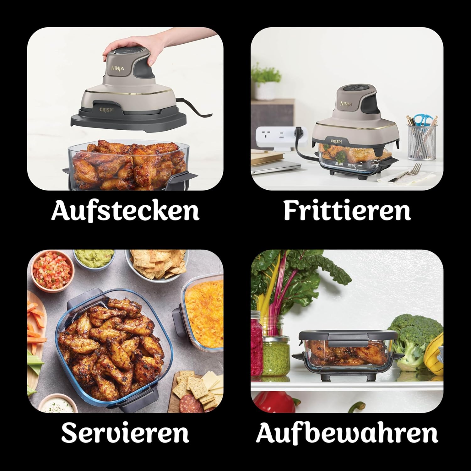 Tragbare Heißluftfritteuse Ninja CRISPi, 3,8 l, 4-in-1: Heißluftfrittieren, Rösten, Warmhalten, erneut knusprig, 6 Portionen, 2 abnehmbare Glasbehälter und Deckel, 1700 W, Steingold FN101EUSTGD – Bild 9