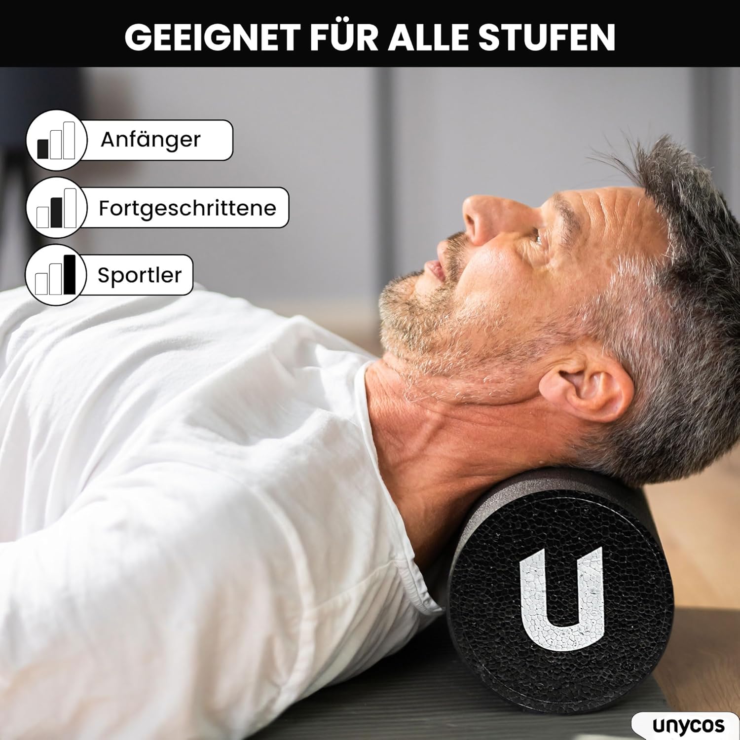 unycos – EPP-Massagerolle, leichte Schaumstoffrolle, Länge 90 cm, Durchmesser 15 cm, Zylinder für Triggerpunkt-Entlastung, Fitness, Pilates, Yoga, Fitnessstudio, Physiotherapie und Entspannung (schwarz) – Bild 5