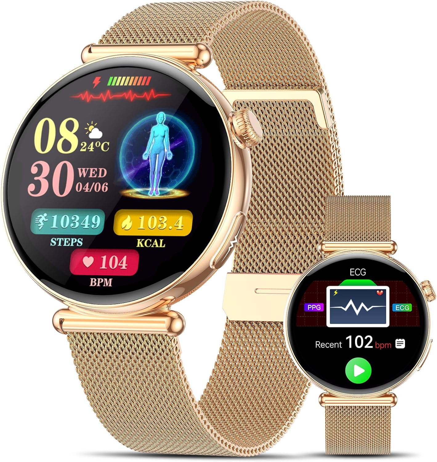 2026 Damen-Smartwatch mit EKG/Blutdruck/B, 1,32 Zoll AOD-Gesundheitsuhr, AI-Zifferblatt und AI Smart Q&A, Bluetooth-Anrufe/Spо₂/Aρnοe/Schlaf/Puls/HRV/BMI/Stress, 100+ Sportmodi, kleine runde Fitnessuhr