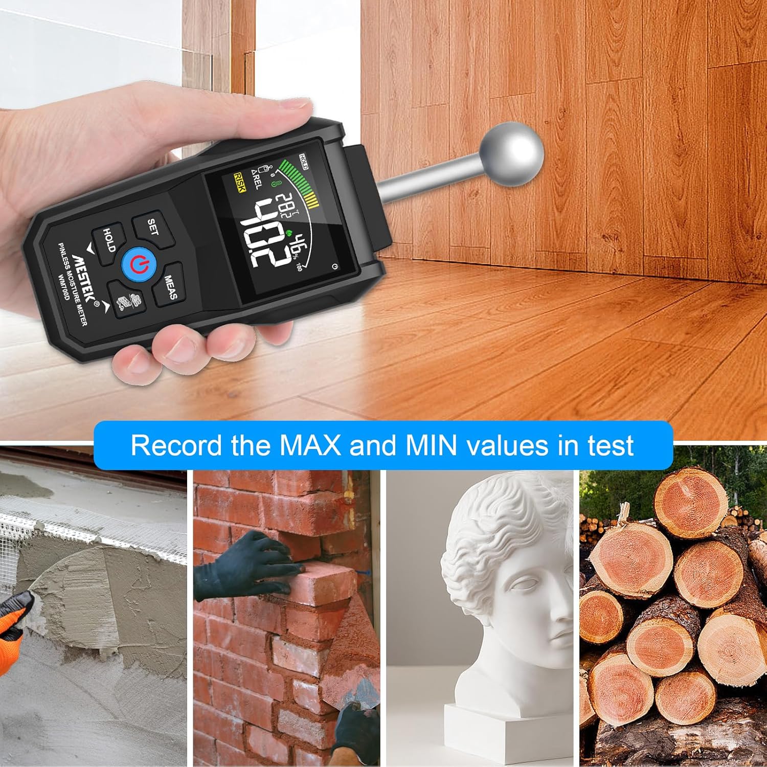 MESTEK Feuchtigkeitsmessgerät, Wandfeuchtemessgerät, Stift- und stiftloses Feuchtigkeitsmessgerät mit farbigem LCD-Akustikalarm für Wände, Holz, Mauerwerk, Putz, Baumaterialien, Boden, Gebäudefeuchtigkeit, 20–40 mm, Analysetiefe – Bild 5