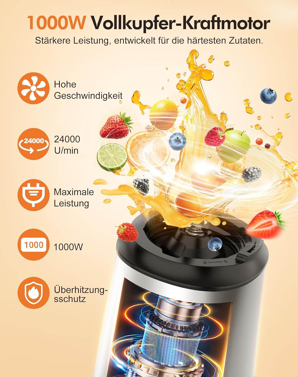 Mixer, Smoothie Maker & Standmixer, Schnellmixer, Smoothie Maker, 1,5 L Glasbehälter & 600 ml, 1.000 W, 24.000 U/min, 3 Programme, stufenlose Geschwindigkeit, Edelstahl, für Smoothies, Mixen – Bild 2