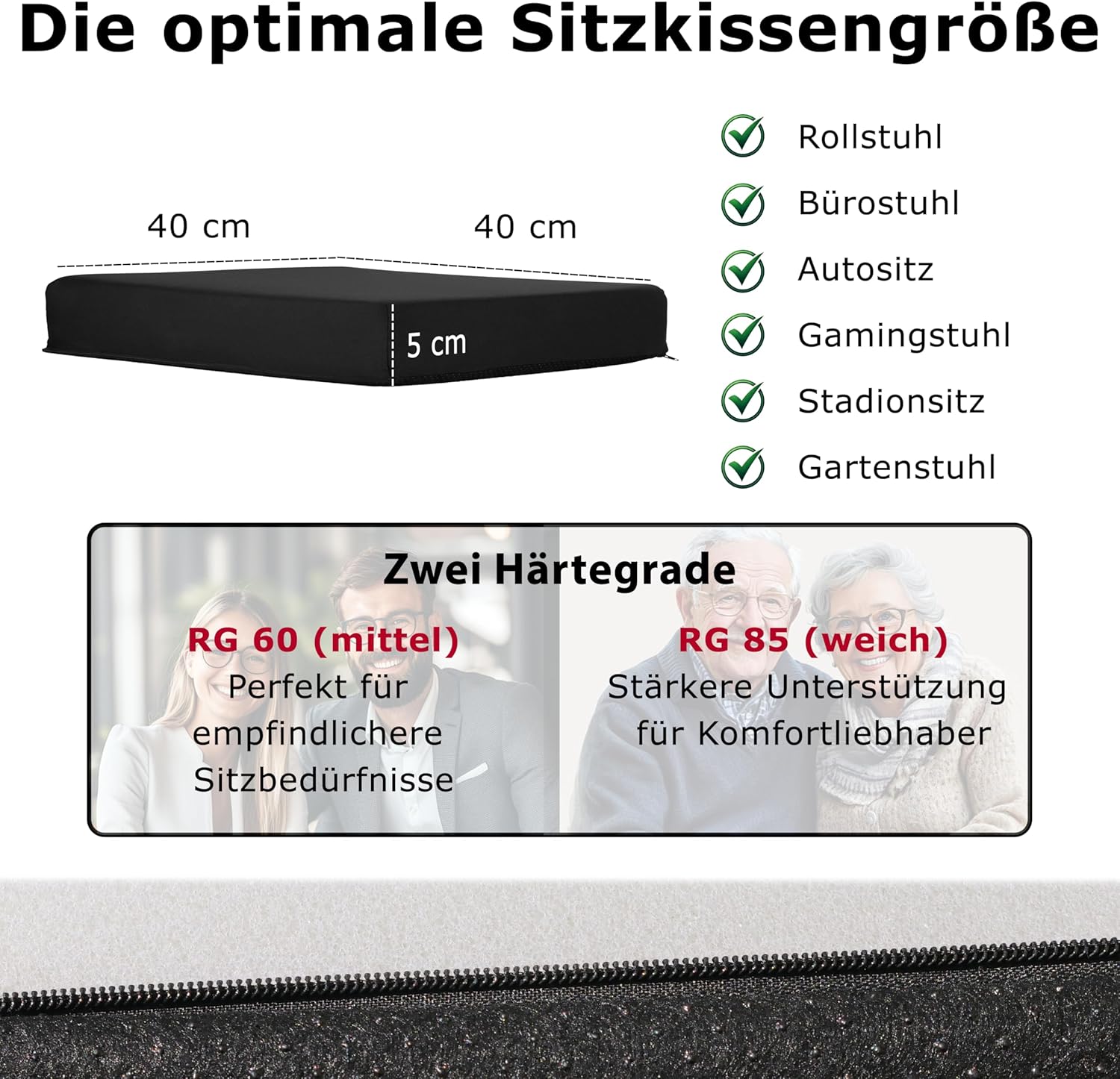 Orthopädisches Anti-Dekubitus-Gelschaum-Sitzkissen 40 x 40 x 5 cm – hergestellt in Deutschland. Ergonomisches und extra kompaktes Sitzpolster (RG 60 (weich) mit Polyesterbezug in Schwarz – Bild 6