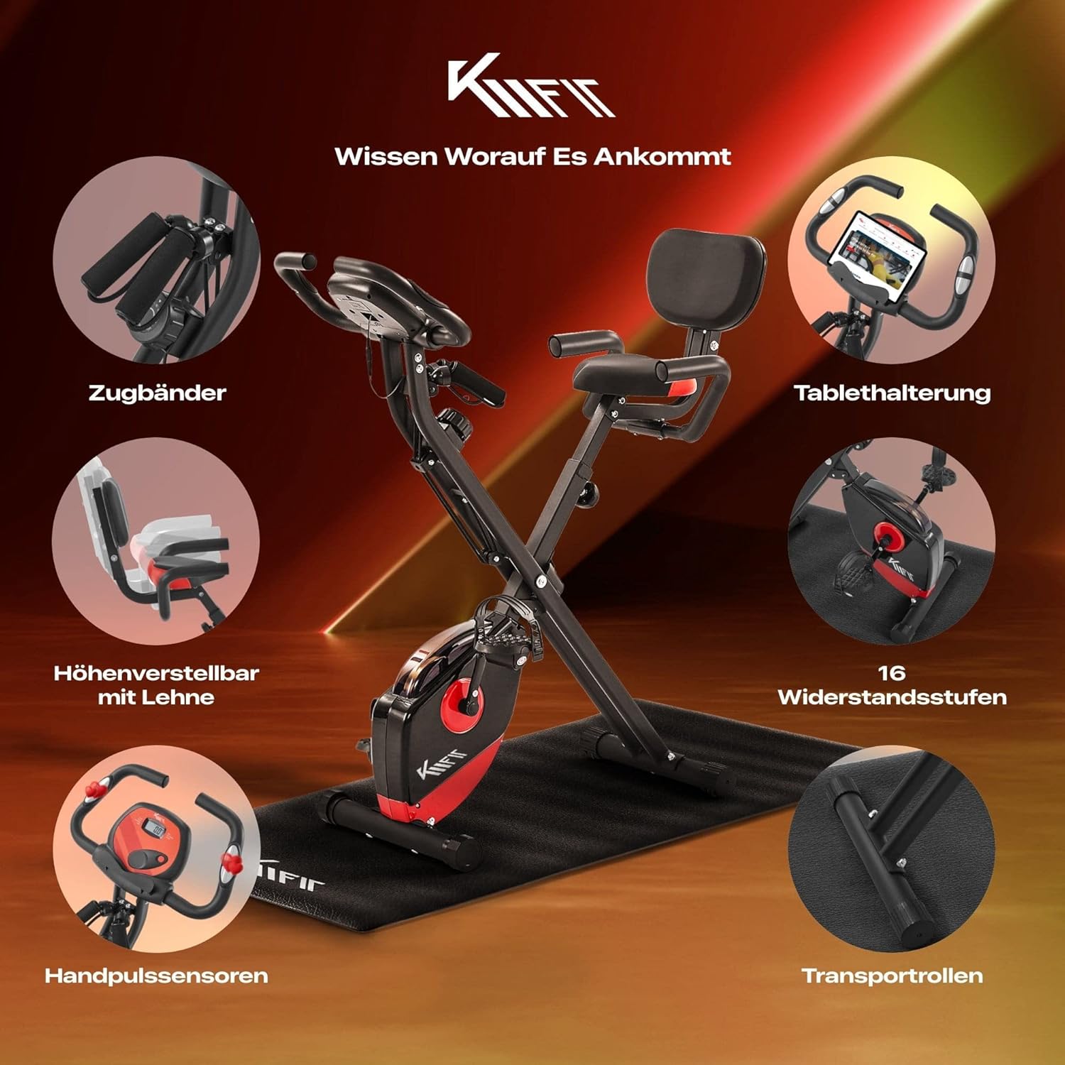 KM Fit 2-in-1-Heimtrainer mit LCD-Display | Klappbares Fitnessfahrrad | Heimtrainer 16 Widerstandsstufen | Handpulssensoren | Inklusive Bodenschutzmatte und Handyhalter – Bild 3