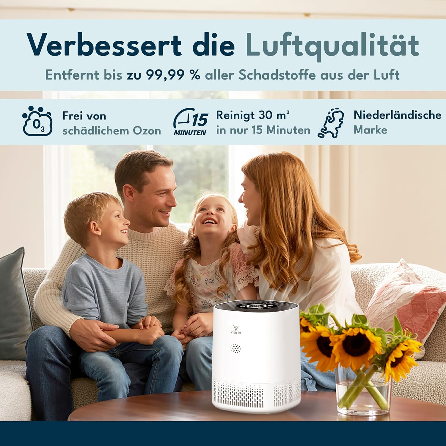 PureFlow15 Luftreiniger für Allergiker, 6-stufig mit HEPA H13 & Aktivkohle, entfernt 99,95 % Staub, Pollen & Tierhaare, CADR 100 m³/h, leise 25-50 dB, Schlafmodus, App & WLAN, USB-C, CE – Bild 6