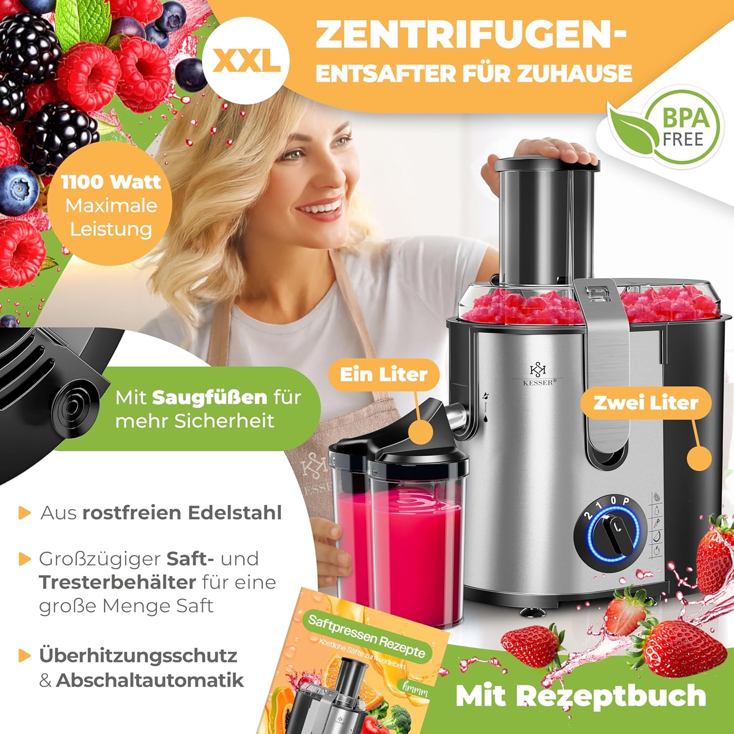 KESSER® Entsafter für Obst und Gemüse aus Edelstahl 1100W große 85 mm Einfüllöffnung inkl. Entsafter, Reinigungsbürste und Saftbehälter, 3 Geschwindigkeitsstufen – Bild 3