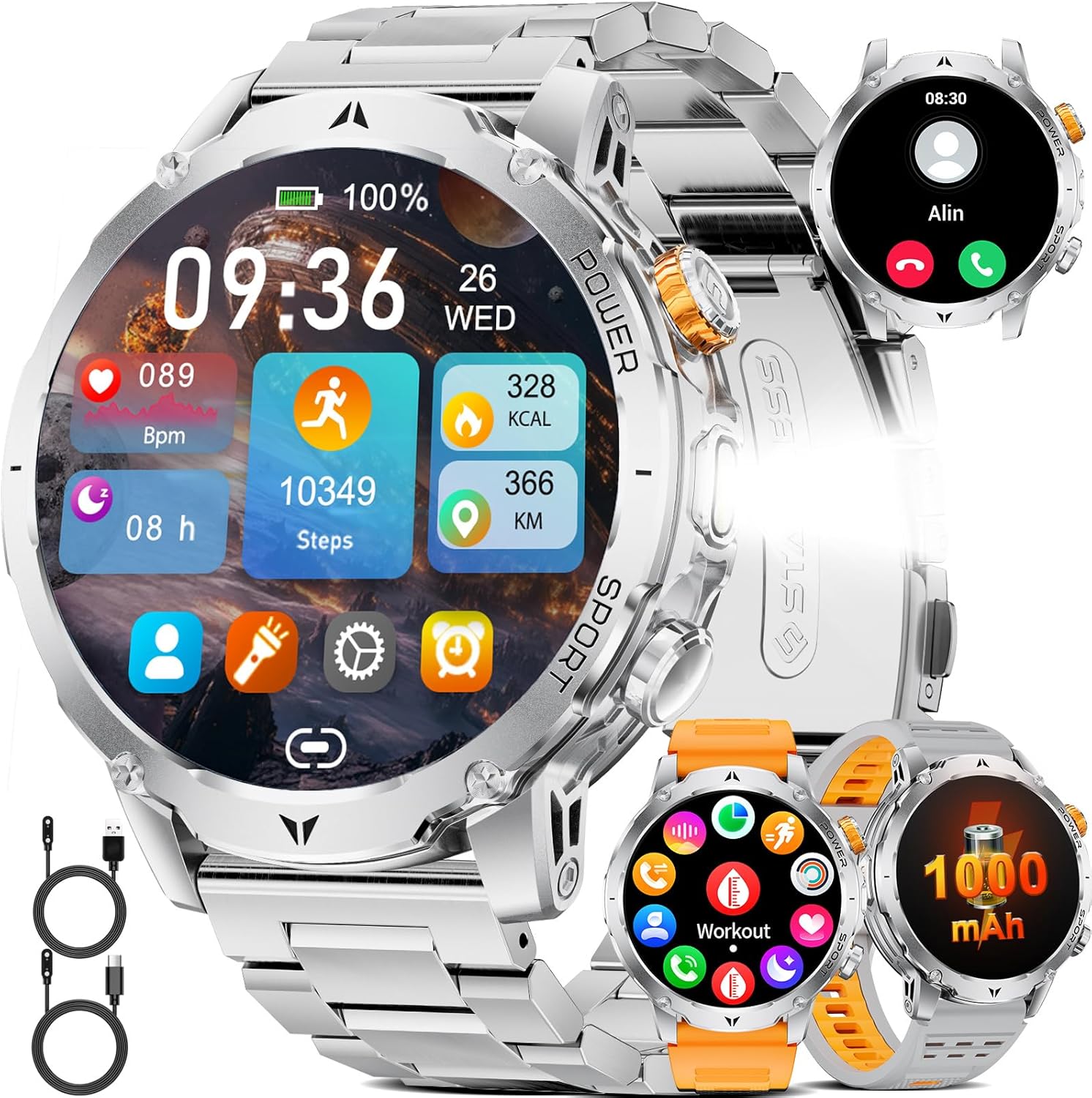 1000 mAh Militäruhr für Herren, 1,7-Zoll-Smartwatch für Herren mit über 110 Sportmodi, IP68-Display, Apple Bluetooth, 24-Stunden-Herzfrequenz, Android iOS-Gerät, 3 Armbänder, 2 Ladegeräte, EF24-D