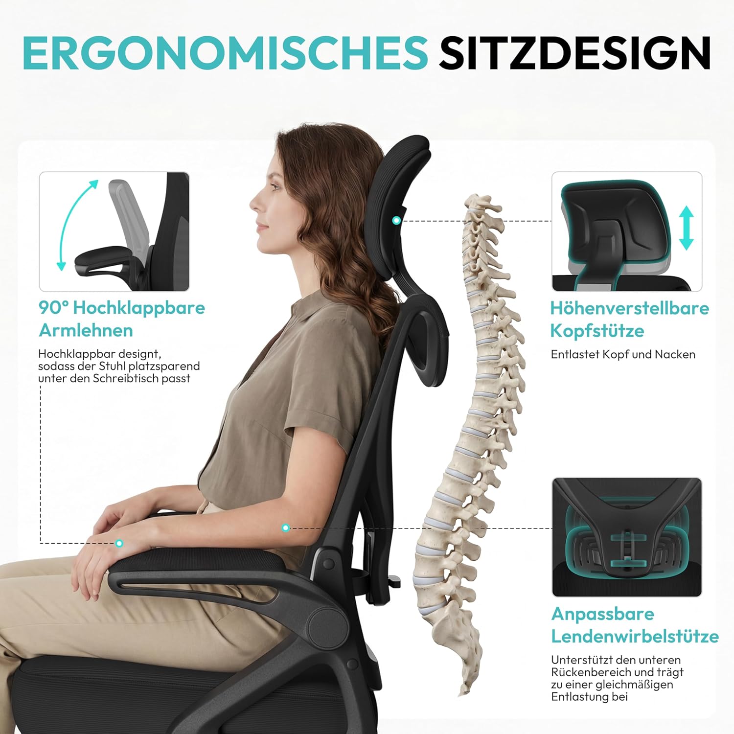 Yaheetech Ergonomischer Bürostuhl, Schreibtischstuhl mit klappbaren Armlehnen, Drehstuhl mit Rückenlehne und verstellbarer Kopfstütze, Chefsessel, Wippfunktion, maximale Belastung 136 kg, Schwarz – Bild 4