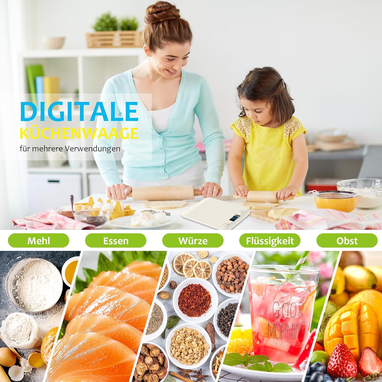 Küchenwaage Digital mit LCD-Display und Tara-Funktion, Präzise 1g Messung zum Backen und Kochen, Weiß – Bild 7