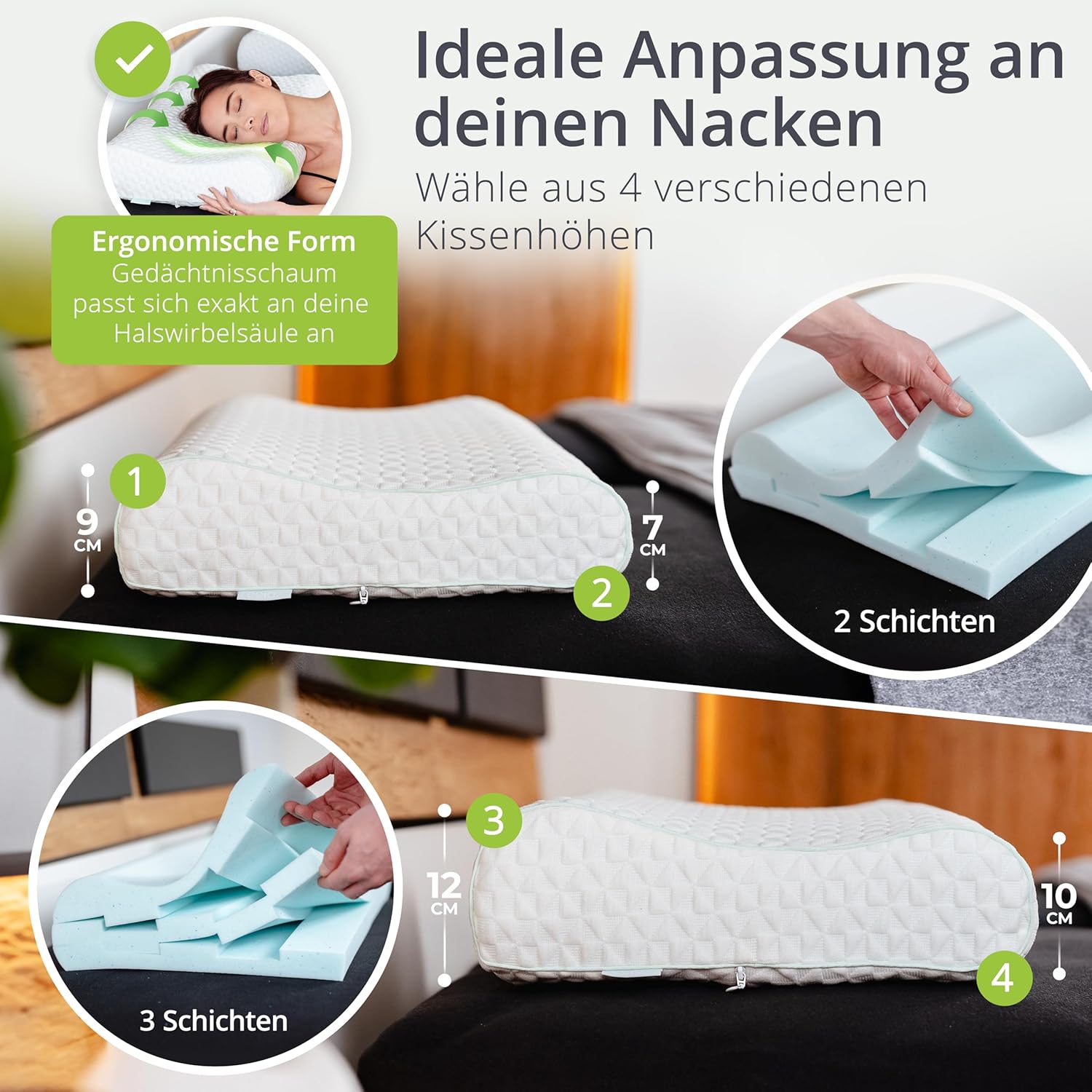 Feela. Orthopädisches Kissen/Schlafkissen (3 Härtegrade) – Lindert Nacken- und Schulterschmerzen, erhöht den Schlafkomfort und entlastet die Halswirbelsäule – Seitenschläferkissen 60 x 40 cm (mittelfest) – Bild 3