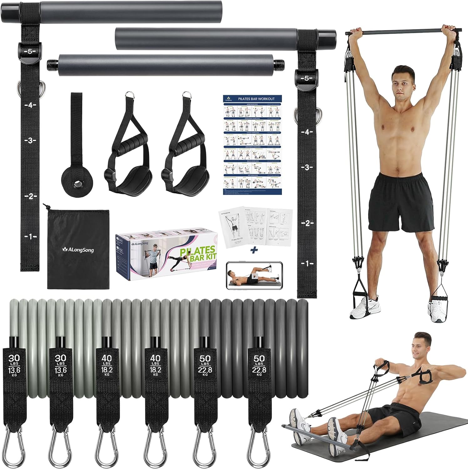 ALongSong Fitnessbänder Set mit 6 Widerstandsbändern 20-180Lbs oder 20-240Lbs & Pilates-Stange, Griffe, Türanker für Fitness Widerstandsbänder Krafttraining Fitnessgeräte für Zuhause