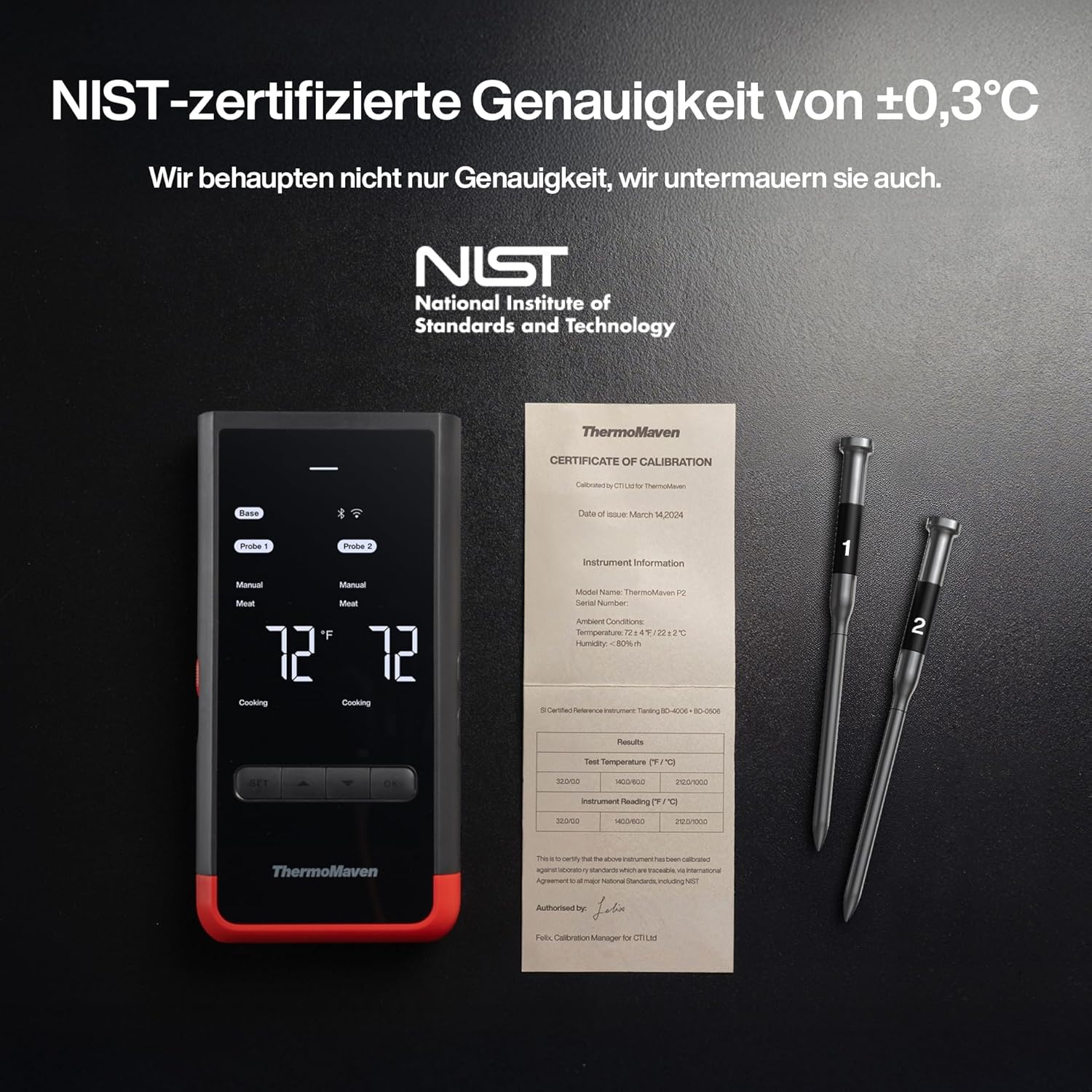 ThermoMaven P2 Fleischthermometer kabellos – WLAN und Bluetooth 5.3, 2 Sonden, 6 Sensoren, ±0,3 °C präzise, IPX8 wasserdicht, App-Steuerung, NIST- und NSF-zertifiziert, Grillthermometer, Bratenthermometer – Bild 4
