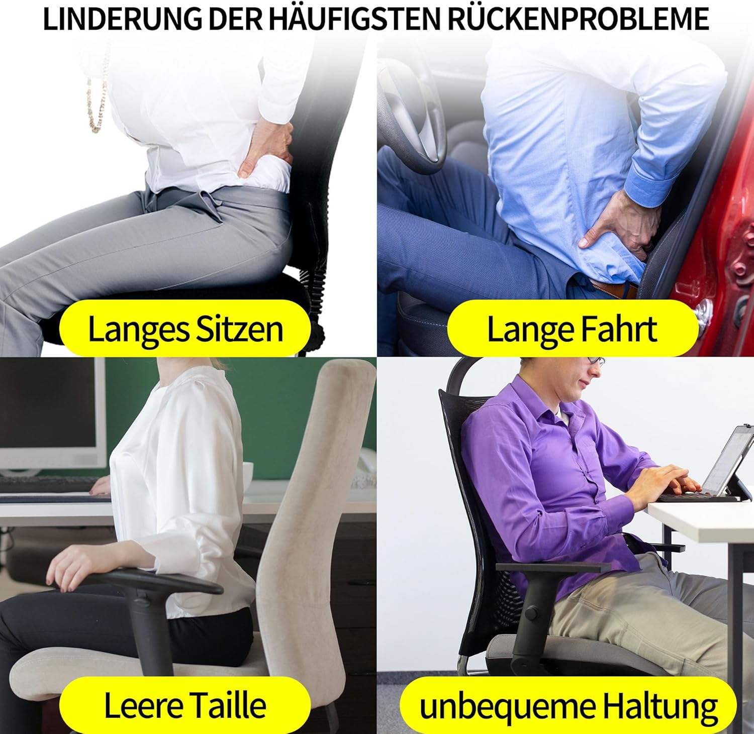 Lendenkissen, Lendenkissen, Memory-Schaum, ergonomisches 3D-atmungsaktives Netz, verstellbare Träger und abnehmbarer Bezug für Bürostuhl/Autositz, universell (schwarz) – Bild 6