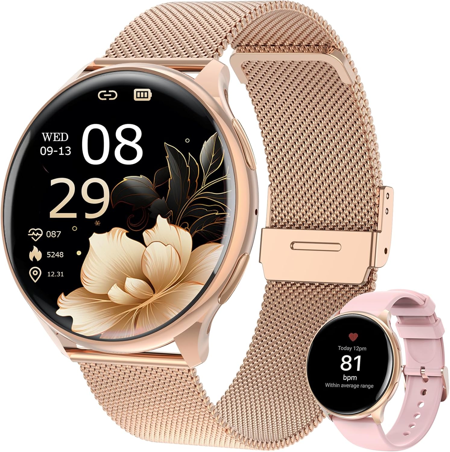 SLOKSFil Damen Smartwatch mit Telefonfunktion, 1,39 Zoll Smartwatch rund mit SpO2, 24H Herzfrequenzmesser Blutdruck Schlafmonitor, Fitnesstracker 120+ Sportmodi Schrittzähler für iOS Android (Roségold)