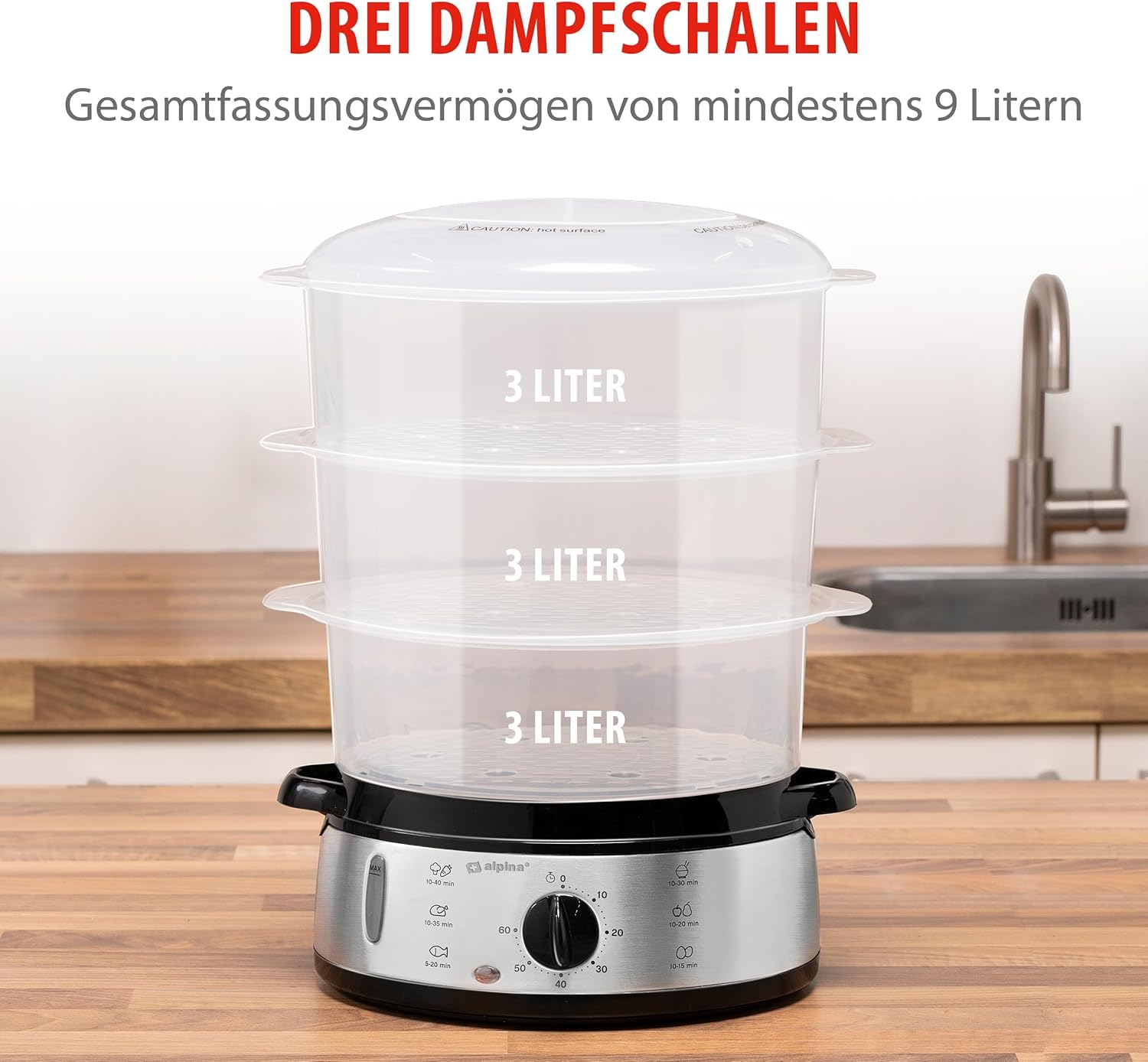 alpina Dampfgarer – Dampfmaschine 230 V/800 W – 3-lagiger Topf – BPA-frei – Dampftopf spülmaschinenfest – in 0 bis 60 Minuten einsatzbereit – 9 Liter Fassungsvermögen – Kunststoff/RVS – Grau – Bild 4
