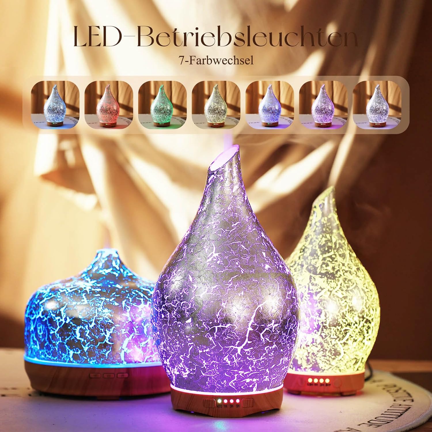 Porseme Aromadiffusor 280 ml, Luftbefeuchter aus mundgeblasenem Glas, Ultraschall-Aromatherapie-Öldiffusor mit 7 farbigen LED-Lichtern, Diffusor für ätherische Öle mit Timer, BPA-frei für Zuhause (Silberplatte) – Bild 2