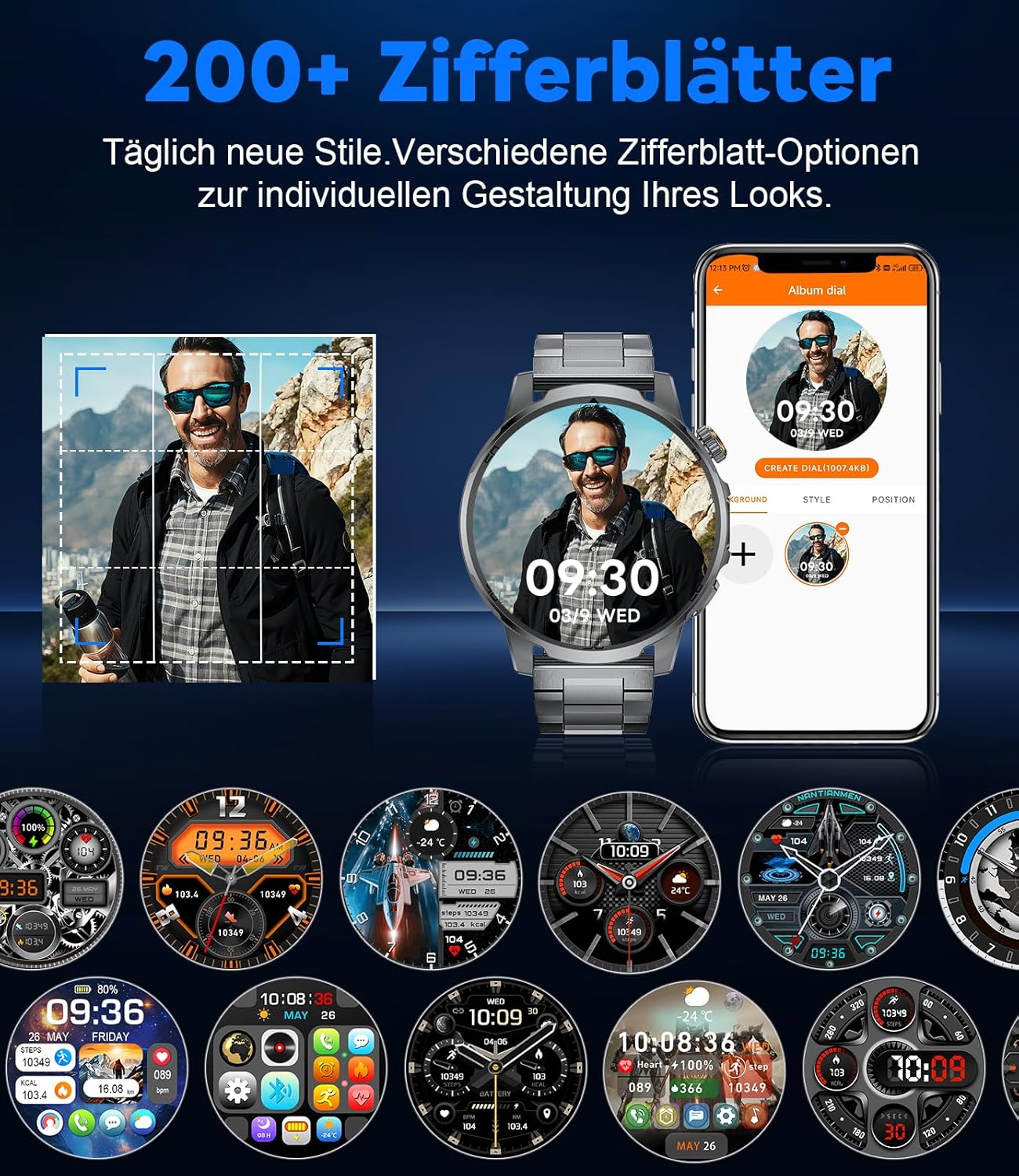 FEELNEVER Militär-Smartwatch für Herren mit 1000 mAh/1,85 Zoll HD großem Touchscreen/LED-Licht, Fitnessuhr mit 2 Armbändern, 110+ Sportmodi, Herz-/Schlaf-Tracking, IP68 wasserdicht, Uhr für iOS/Android, Schwarz – Bild 6