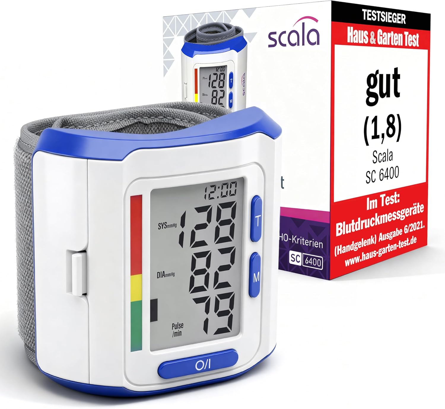scala SC 6400 Blue Handgelenk-Blutdruckmessgerät – Präzises Blutdruckmessgerät mit WHO-Anzeige und 85 Speicherplätzen – Fuzzy-Logic-Technologie – inklusive Box und Batterien – Manschette 13,5–19,5 cm