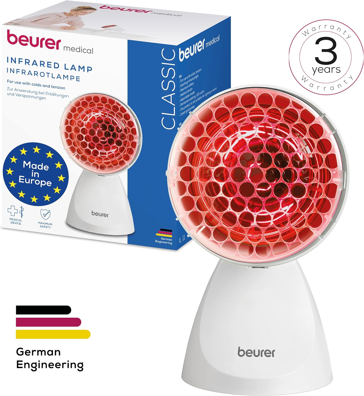 Beurer IL 11 Infrarotlampe mit Schutzgitter – Medizingerät mit wohltuender Wärme bei Kälte und Muskelverspannungen – 5 Neigungsstufen – inklusive Schutzbrille – weiß – Bild 5