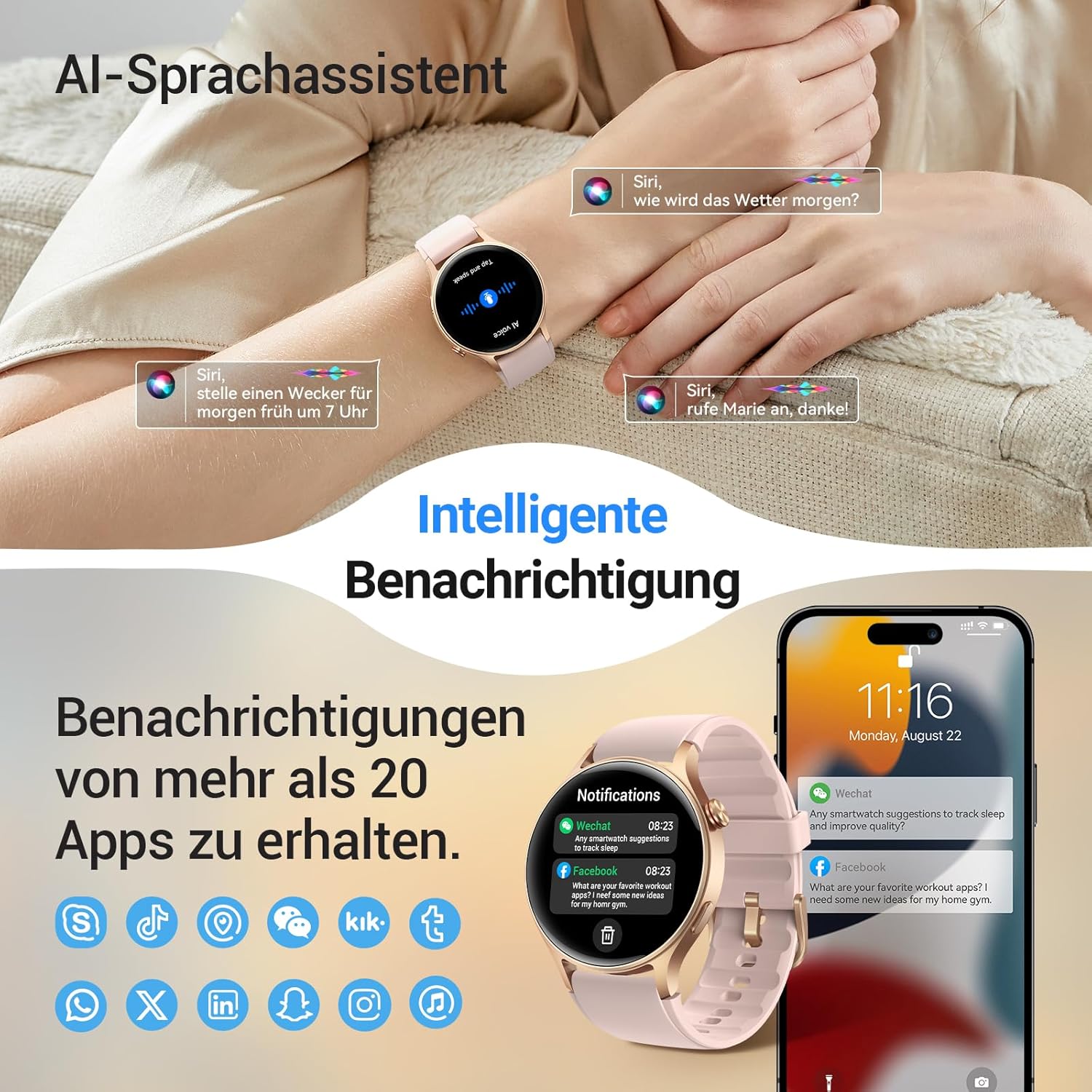 Runde Smartwatch für Damen mit Telefonfunktion, 1,32 Zoll AMOLED-Display, Fitnessuhr mit 110+ Sportmodi & 3ATM, Uhren Damen Herren für iOS/Android, Schrittzähler mit Herzfrequenzmesser/SpO2/Schlafmonitor – Rosa – Bild 3