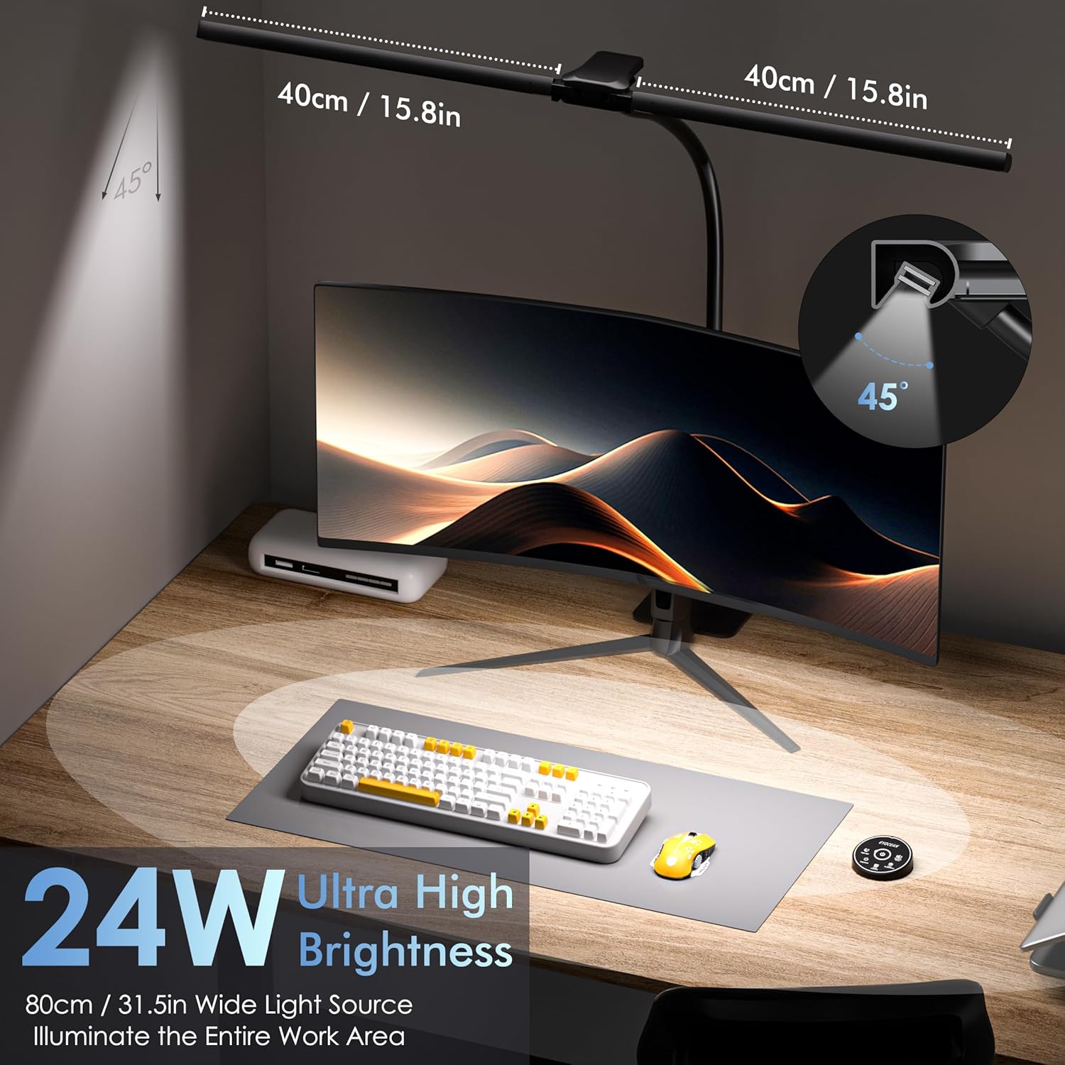 EYOCEAN Schreibtischlampe, Doppelkopf-Schreibtischlampe, 24 W 80 cm Tageslichtlampe Schreibtisch mit Fernbedienung, dimmbare Monitorlampe, Bürotischlampe, Augenschutz-Bildschirmlampe – Bild 2
