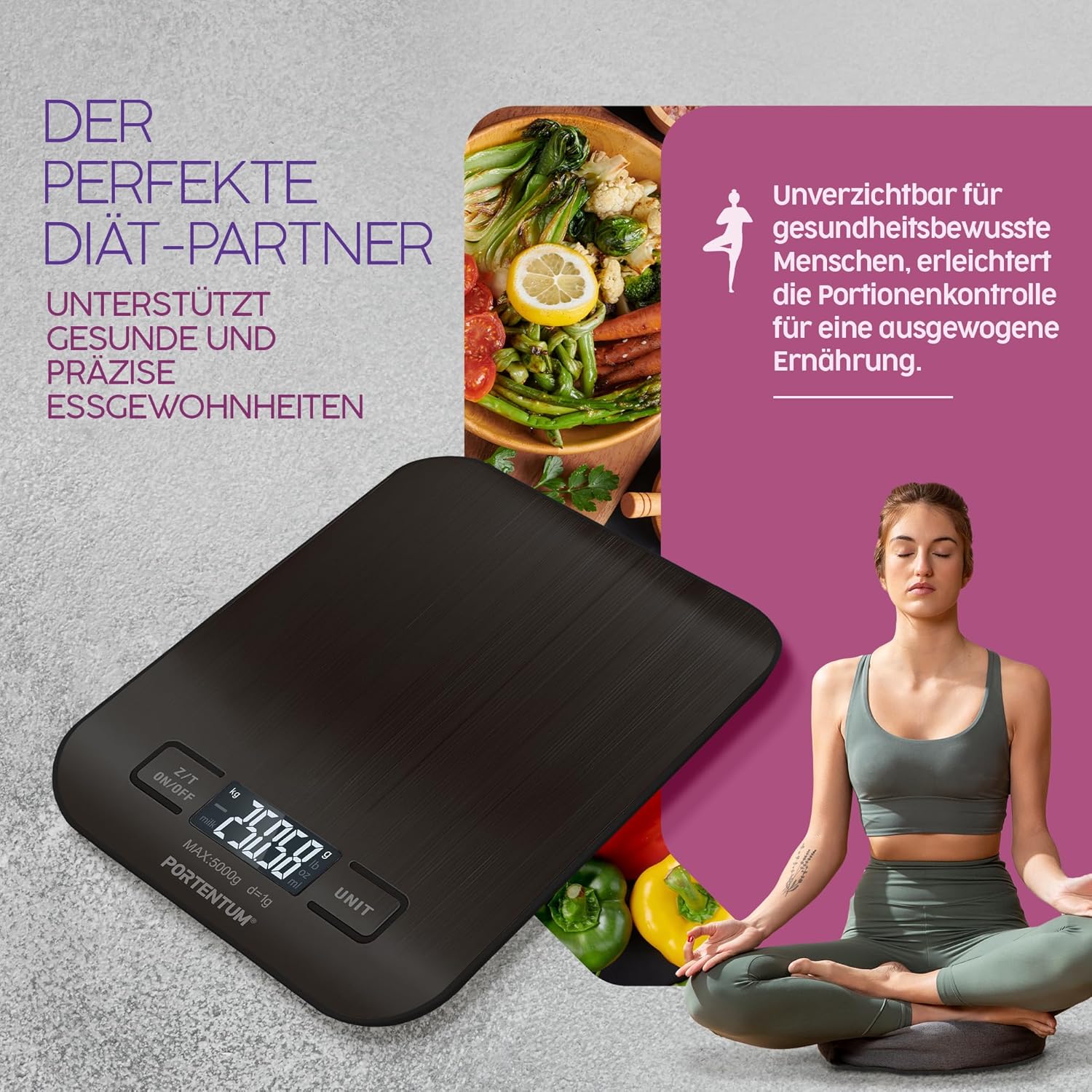 PORTENTUM Digitale Küchenwaage 5 kg mit großem LCD-Display, Digitalwaage, Briefwaage mit großer Wiegefläche aus Edelstahl, Flüssigkeitsmessung, hohe Präzision bis 1 g, Tarafunktion, schwarz – Bild 7
