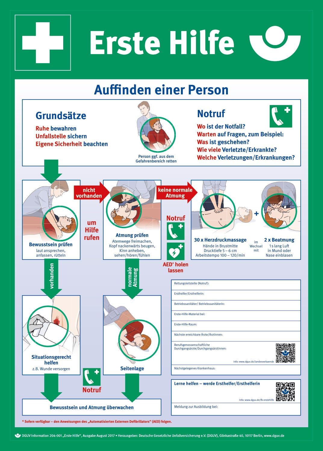 Erste-Hilfe-Hinweis-Poster/Schild – aus Hart-PVC, robust & wetterfest, aktuelle Version 2025, Erste-Hilfe-Anleitung nach DGUV
