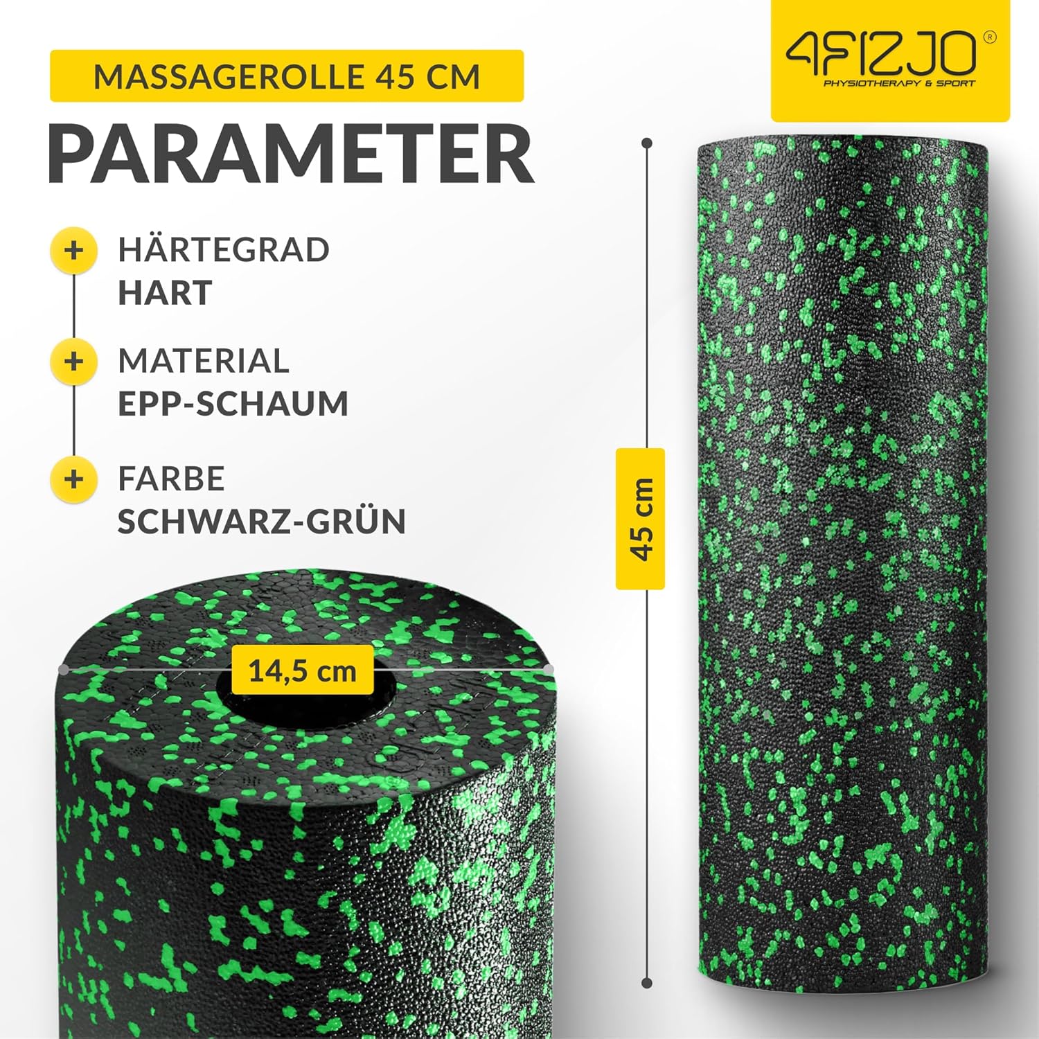 4FIZJO Faszienrolle Schaumstoff, Durchmesser 14,5 cm, Länge 45 cm, Massagerolle, Rückenrolle, Fitnessrolle, leicht, hart, Schaumstoffrolle, Faszientraining, Massagetraining, Schwarz/Grün – Bild 3