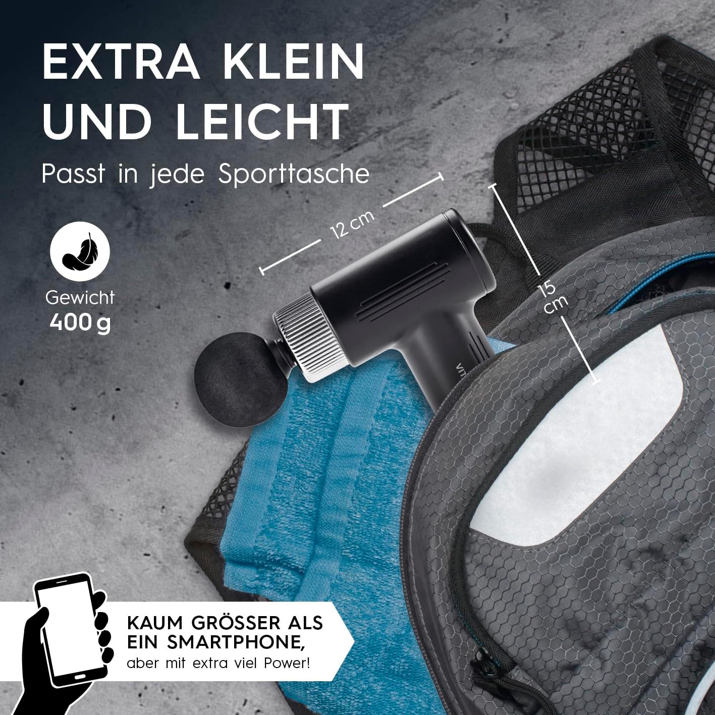VITALmaxx Massagepistole mit 6 Stufen | Massagegerät mit 4 Aufsätzen | Batteriebetrieben bis zu 90 Minuten Laufzeit und wiederaufladbar über USB-C | Besonders leicht und handlich für Reisen und Sport (Schwarz/Silber) – Bild 6