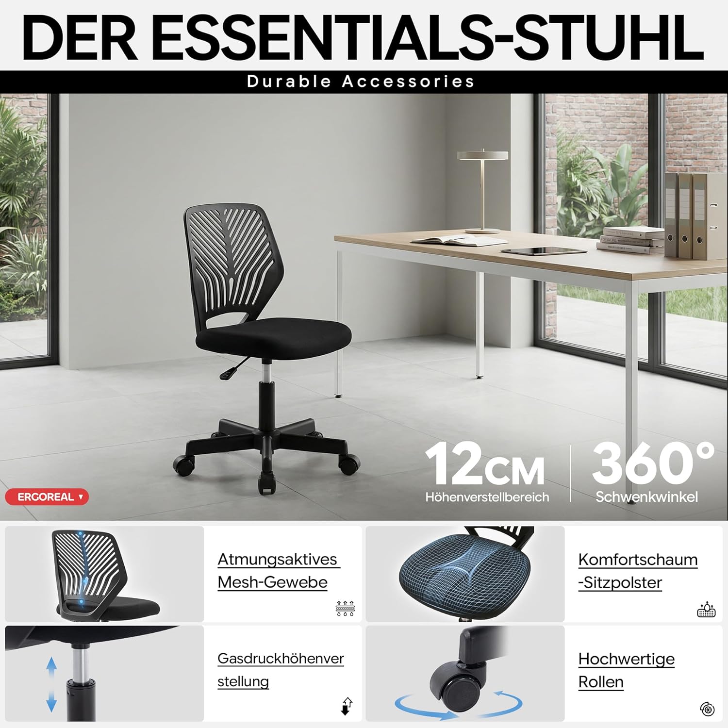 Ergonomischer Bürostuhl ohne Armlehne, Bürostuhl mit Rollen und Höhenverstellung, gemütlicher Bürostuhl mit ergonomischer Rückenlehne, Heimbüro/Arbeitszimmer/Arbeitszimmer (Tiefschwarz) – Bild 3