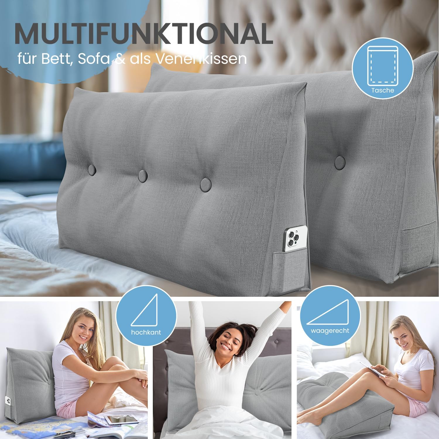 ELONEO Rückenkissen, 70 cm breit, Keilkissen, für Bett und Sofa, dreieckig, Lesekissen, abnehmbarer und waschbarer Bezug, praktische Seitentasche – Bild 5