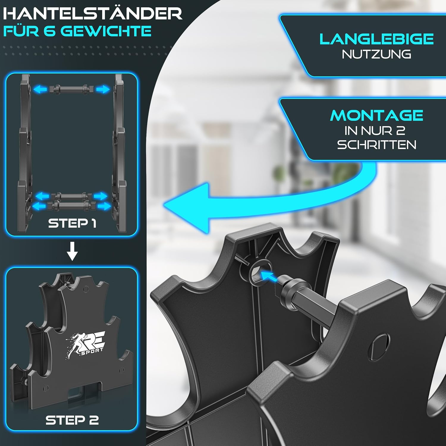 RE:SPORT Kurzhantel-Set 3 Paar, 1 kg – 5 kg, 12 kg oder 18 kg mit Ständer und 3 x Fitnessbändern, rutschfeste Neopren-Hanteln für Damen und Herren, Kurzhantel-Set – Bild 7